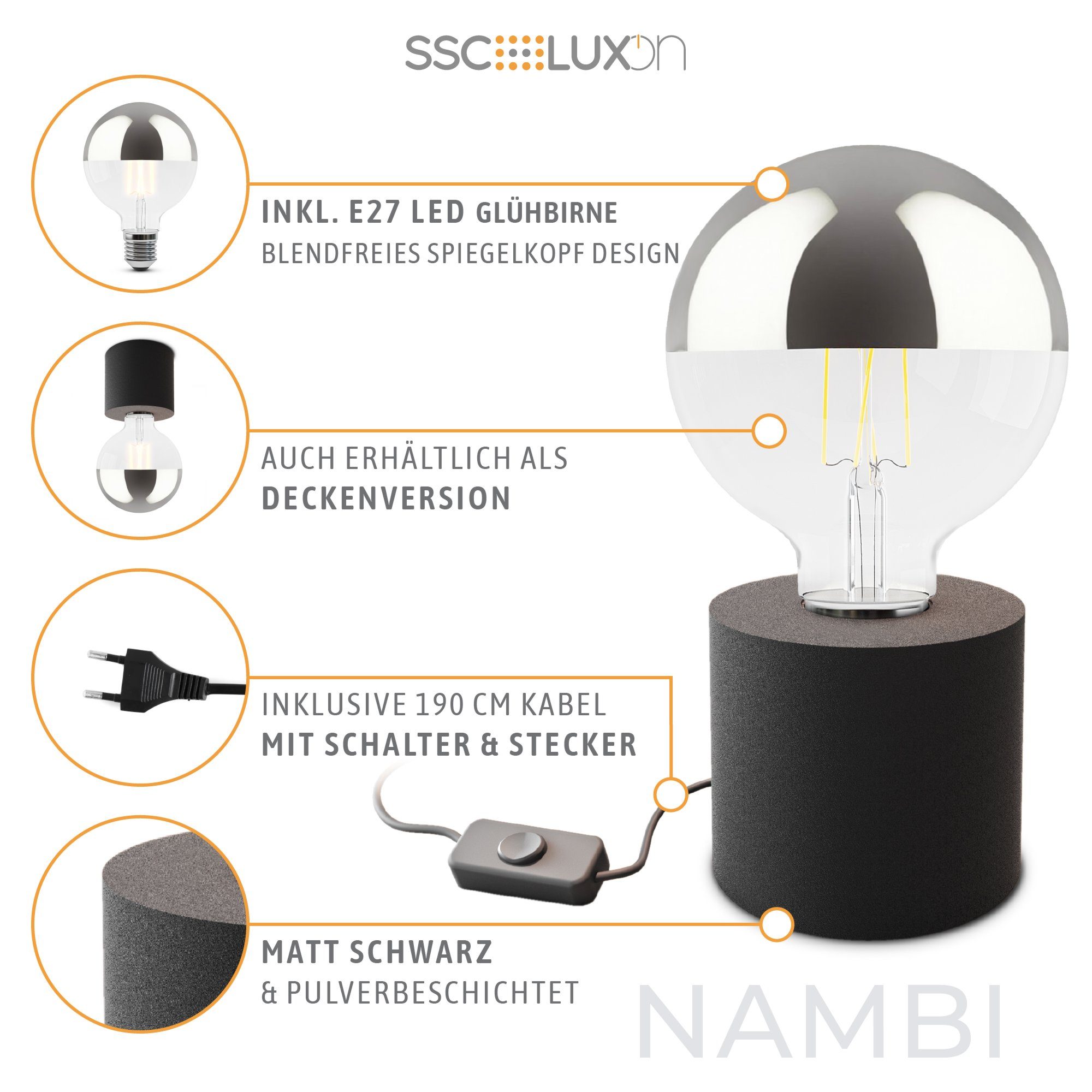 NAMBI schwarz Globe, mit LED Warmweiß Tischleuchte Design E27 LED Spiegelkopf Bilderleuchte SSC-LUXon
