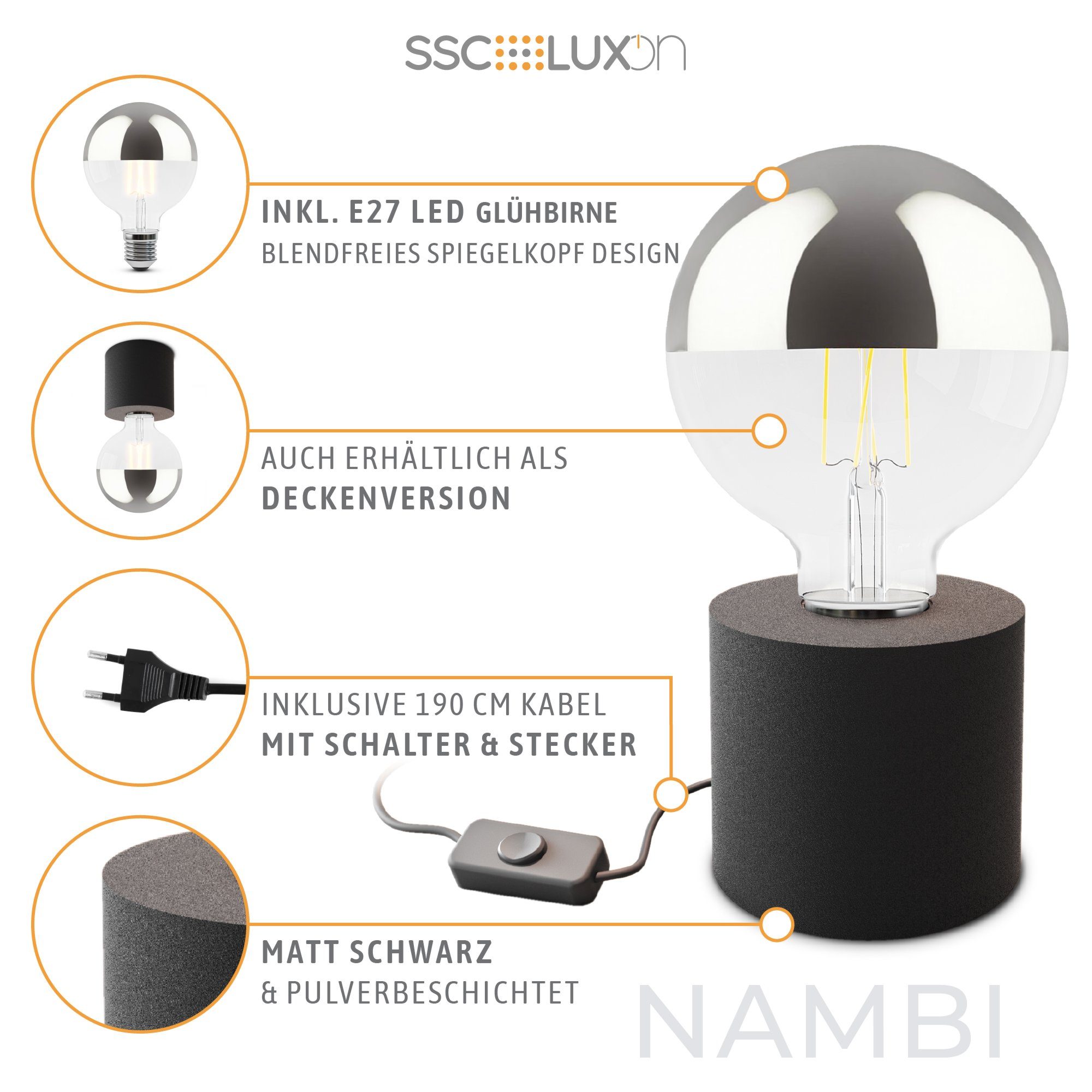 SSC-LUXon LED Spiegelleuchte NAMBI Design Tischleuchte schwarz mit Spiegelkopf LED E27 Globe, Warmweiß