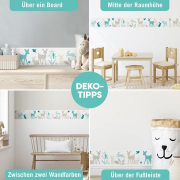 lovely label Bordüre Häschen & Rehe türkis/grau/beige - Wanddeko Kinderzimmer, selbstklebend