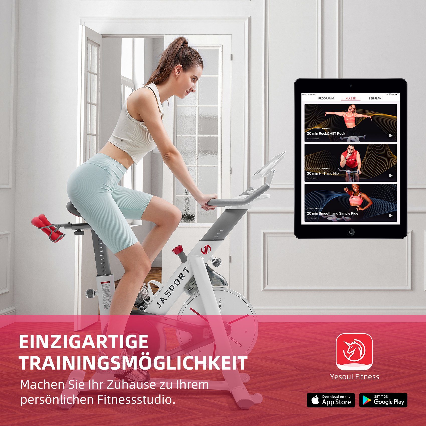 JASPORT Speedbike S3 Heimtrainer, leises Indoor Bike, 100 Stufen, bis 120 kg, App mit Video on Demand Trainingskursen, Kinomap & Zwift kompatibel