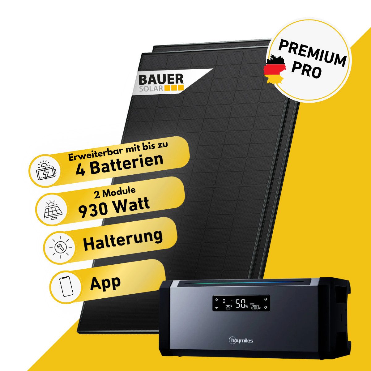 Balkonstrom Balkonkraftwerk PREMIUM Pro 930 Watt Solaranlage mit Speicher Komplettset Bifazial, 930 W, Monokristallin, (2x BAUER Solarmodul á 465 Watt, 1x Hoymiles HiBattery 1920 AC, 1-5 Zusatzspeicher Hoymiles HiBattery), Halterung für Dach, Fassade, Balkon & Garten, App & Plug&Play DE