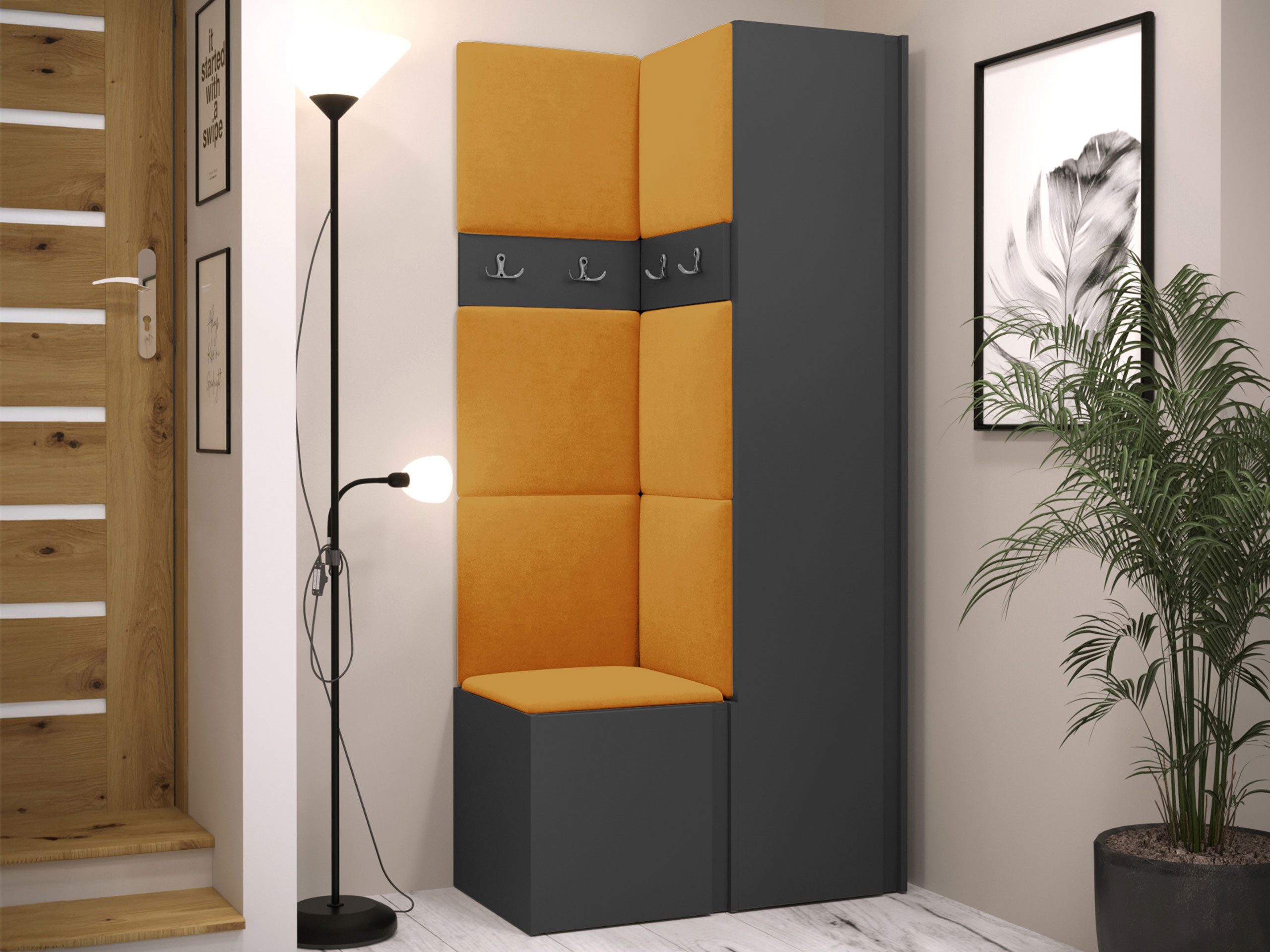 MIRJAN24 Garderoben-Set Orion XXIV, (Komplett-Set, Schuhschrank, Kleiderschrank, 2x Kleiderhakenbrett, 7x Paneel 42x42), Auswahl aus Fronten und Polsterplatten