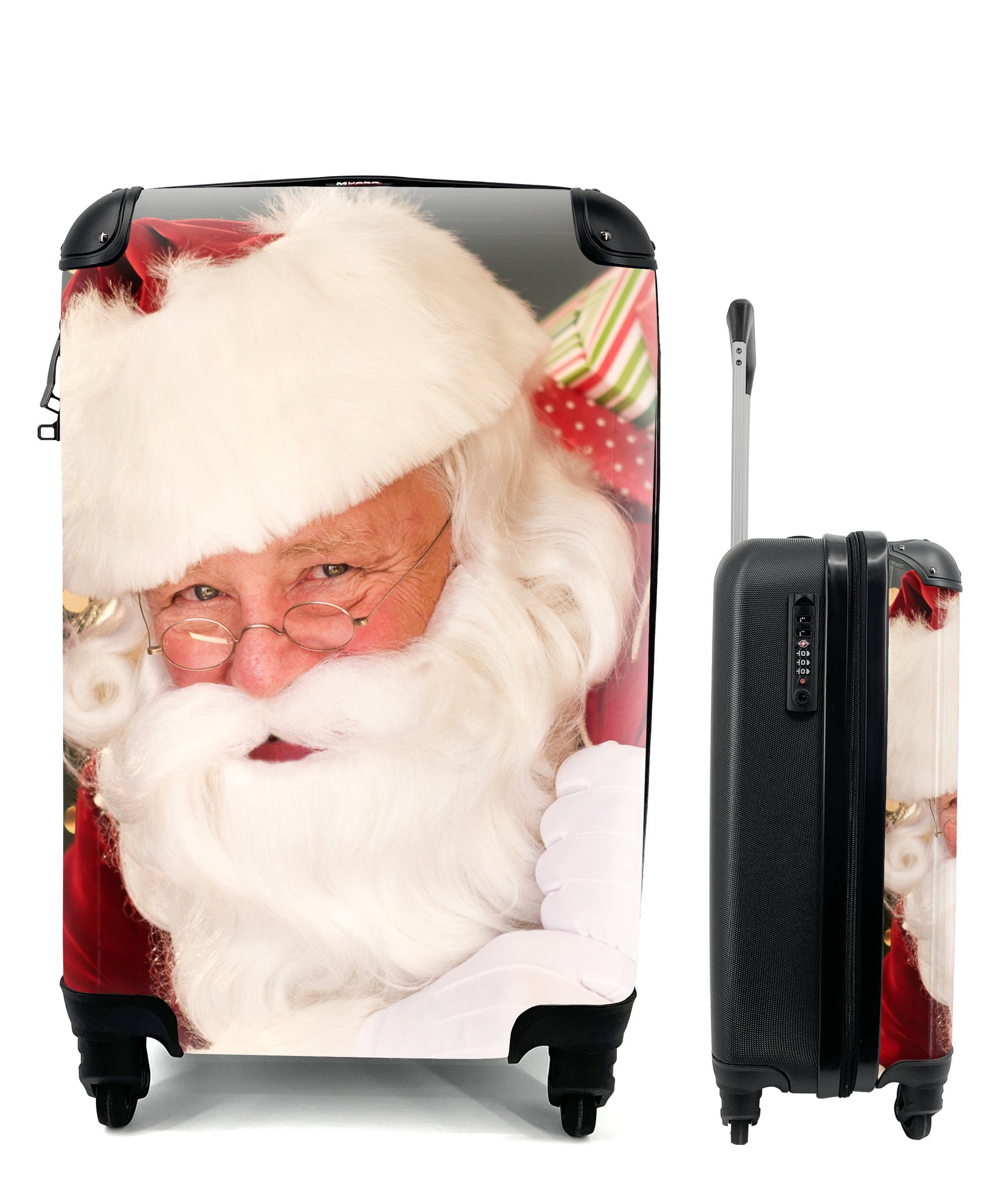MuchoWow Handgepäckkoffer Ein Porträt des Weihnachtsmanns, der einen roten Sack über der, 4 Rollen, Reisetasche mit rollen, Handgepäck für Ferien, Trolley, Reisekoffer