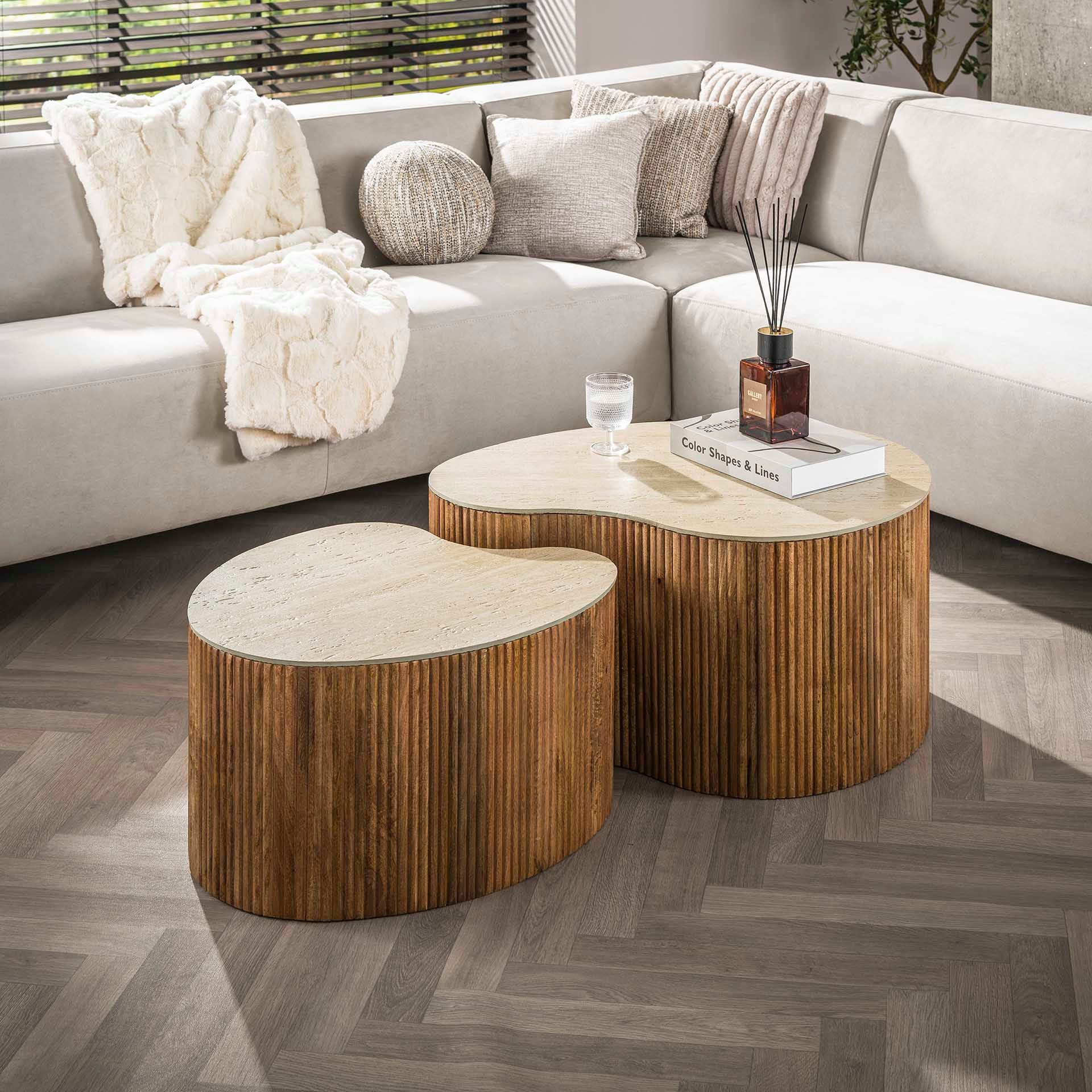 LEVEN Lifestyle Couchtisch 2´er Set LUVIO organische Form Tischplatte Keramik Travertin Optik (2-teiliges Couchtisch-Set), Keramik in Travertinoptik, modernes naturinspiriertes Design