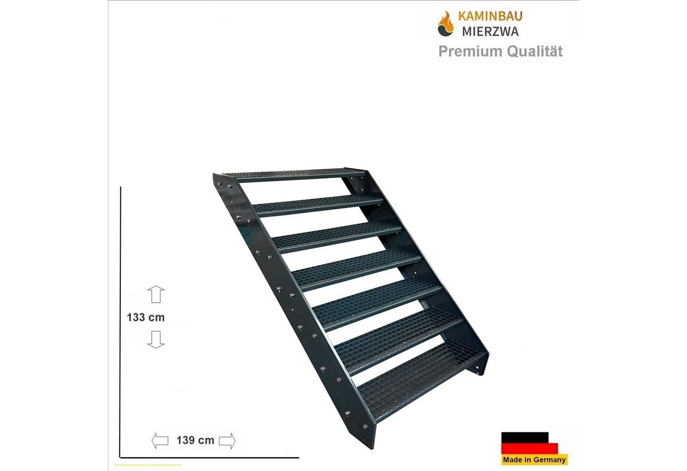 Thumbnail - Kaminbau Mierzwa Außentreppe Premium Treppe Anthrazit mit und ohne Geländer, für Geschosshöhen bis 133.00 cm, Stufen Git...