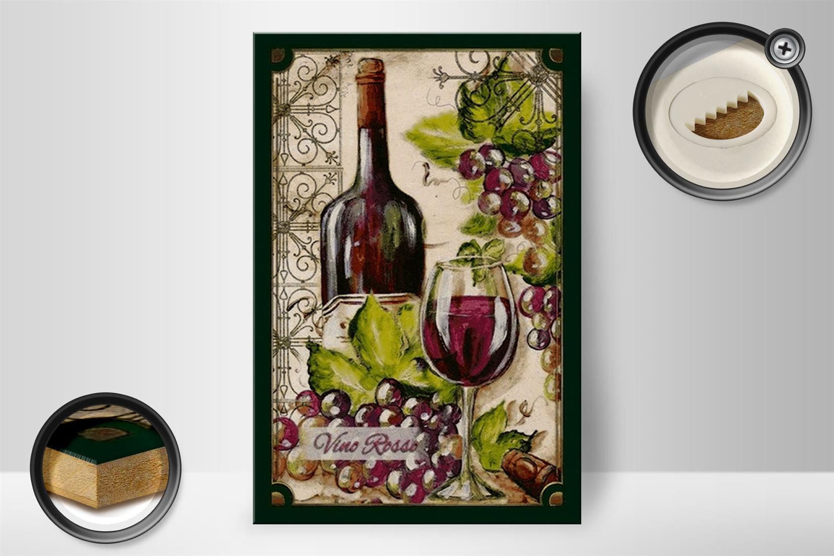 Femer GmbH Holzbild Kunst 20x30cm Stillleben Vino Rosso Rotwein, Essen Trinken Genuss, Nostalgie Retro Altes (1 St), Glatte Holzfaserplatte (MDF), vorn beschichtet