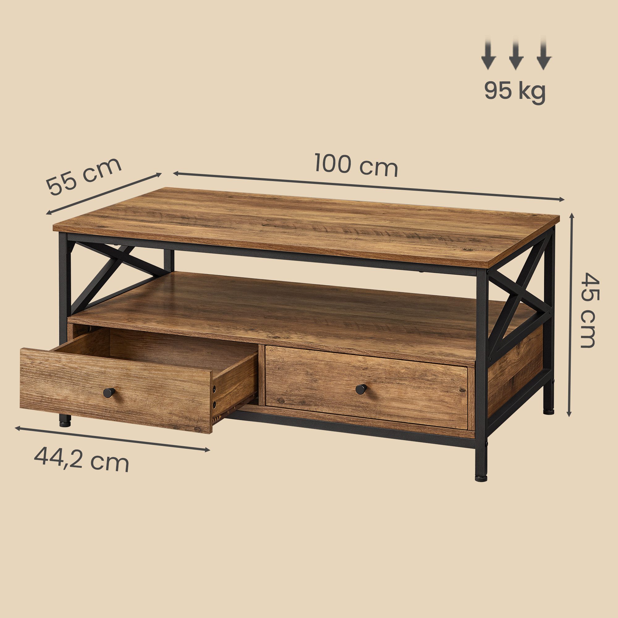 VASAGLE Couchtisch, Sofatisch, Wohnzimmertisch, 100 x 55 x 45 cm(LxBxH)