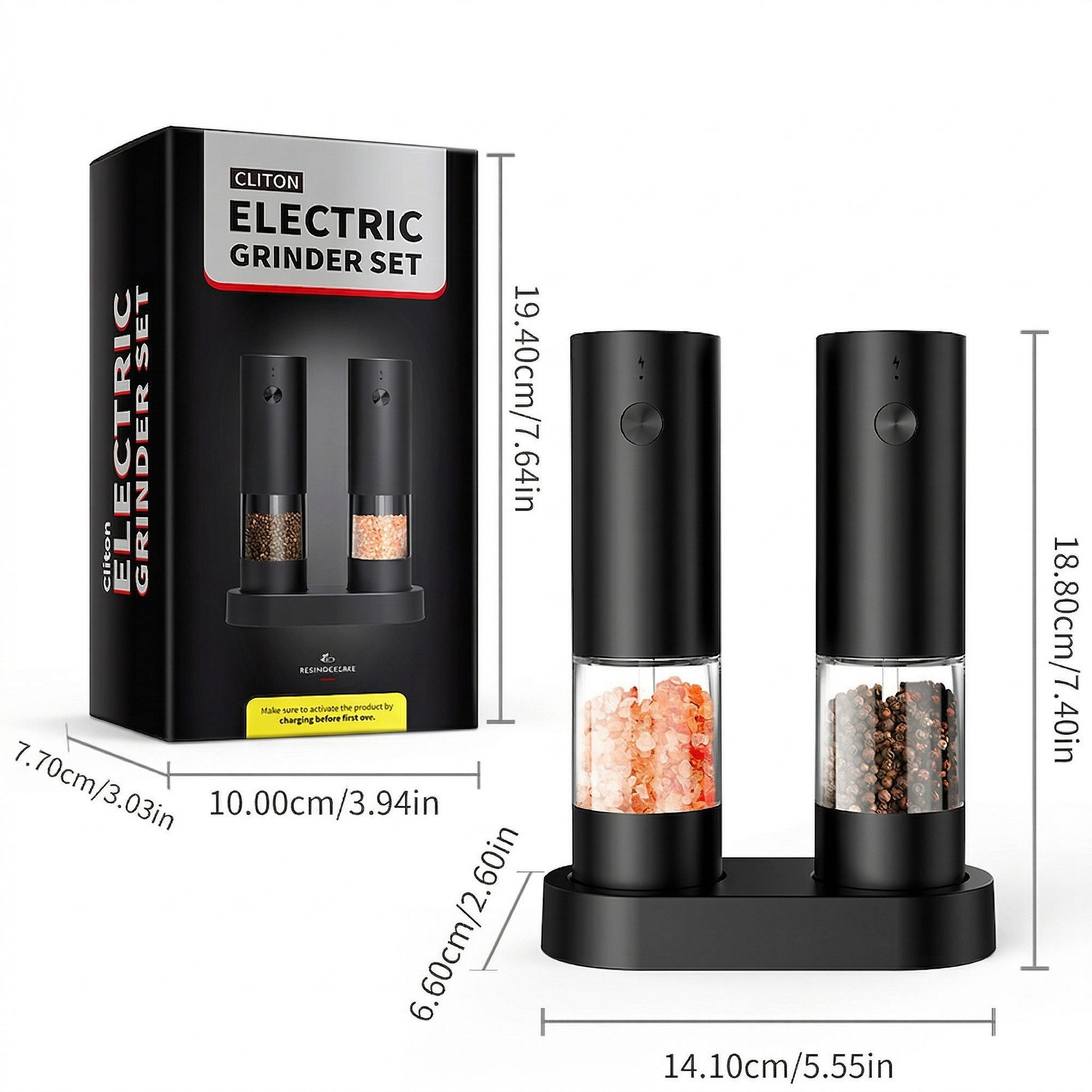 Forrlite Pfeffermühle Elektrische - und Pfeffermühle im 2er-Set, USB wiederaufladbar mit kabelloser Ladestation, Automatische, Einhandbedienung, Mahlgrad Einste – Bild 2 von 5