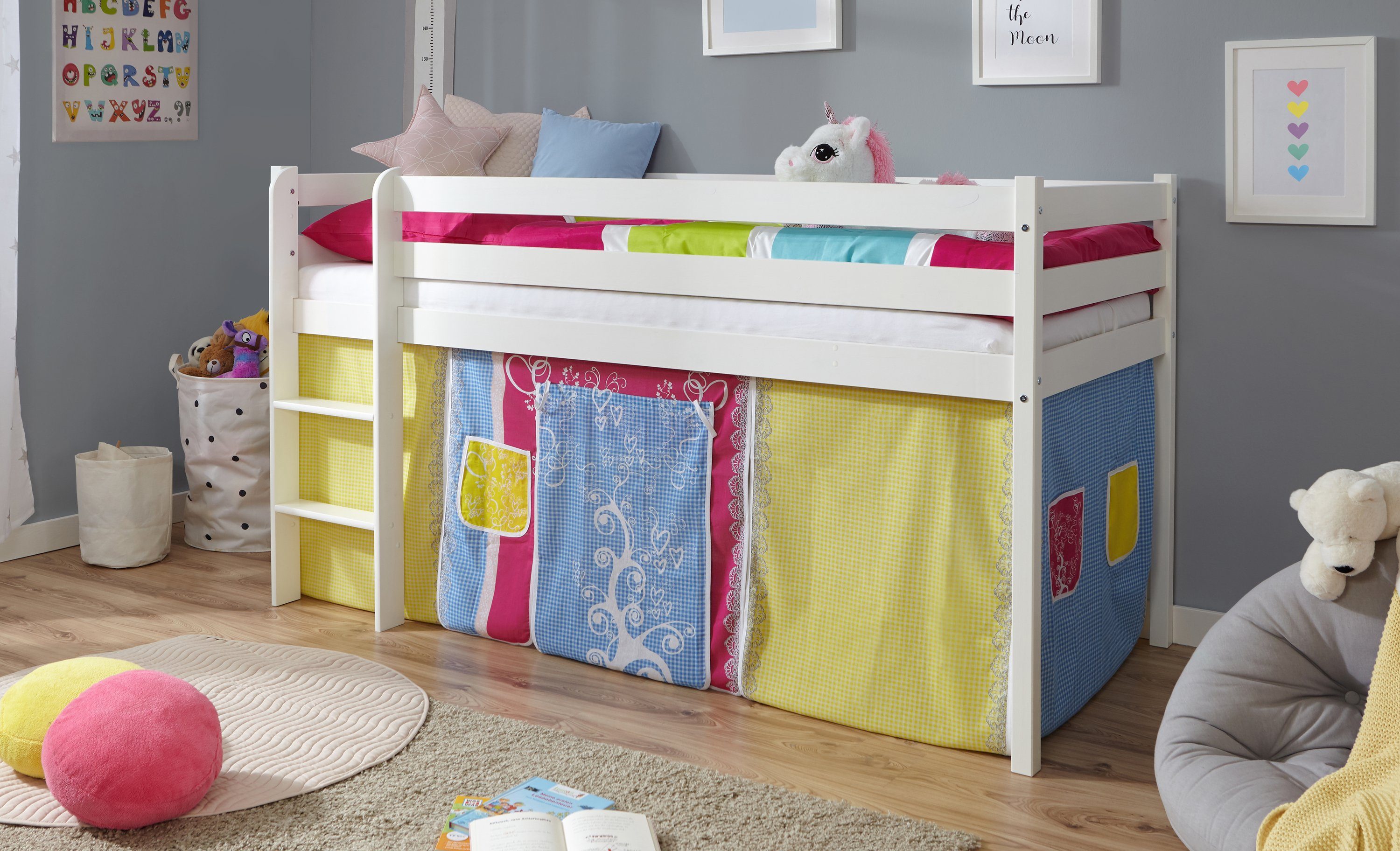 Ticaa Hochbett Hochbett Kiefer Weiß Vorhang "Bunt"