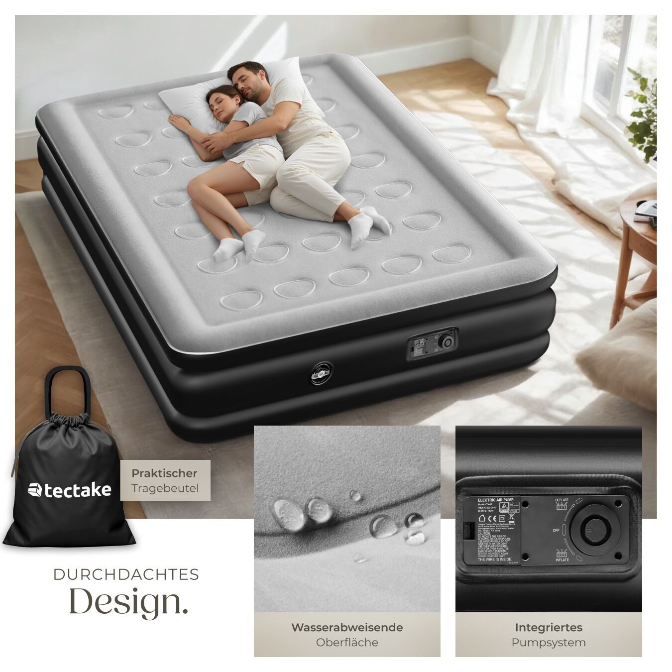 tectake Luftbett Aufblasbare Matratze, (für 1 oder 2 Personen, Komplettset), Aufblasbare Matratze AirDreams mit Elektropumpe