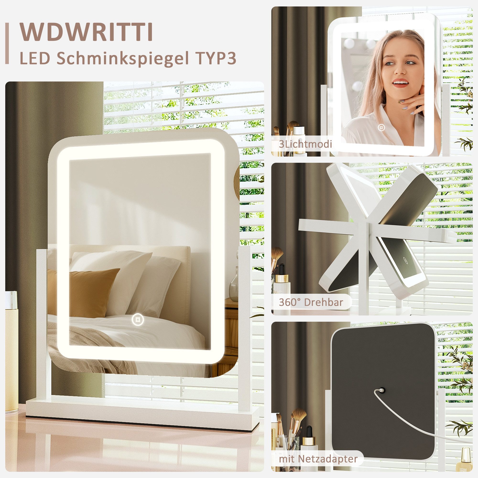 WDWRITTI Schminkspiegel mit Beleuchtung für tisch Kosmetikspiegel 3Lichtfarben Dimmbar Touch (Tischspiegel Rund Rundbogen Rechteckig, mit Touch, LED), HD Kupfer- und bleifreier Spiegel, Stabile Standfuß
