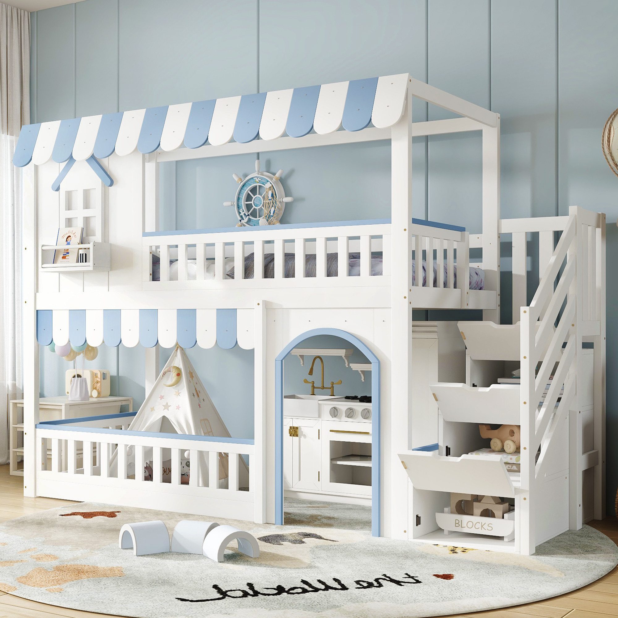 Flieks Etagenbett, Kinderbett Haus-Design 90x200cm mit Stauraumtreppe & oberem Lattenrost