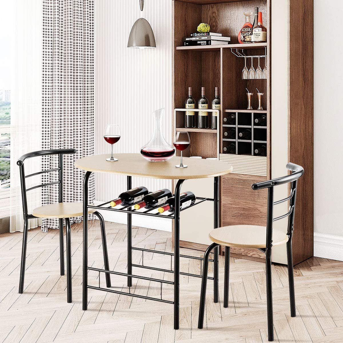 COSTWAY Küchentisch, mit Stühlen für mit Esspruppe platzsparend Stauraum, 2, Natur+Schwarz