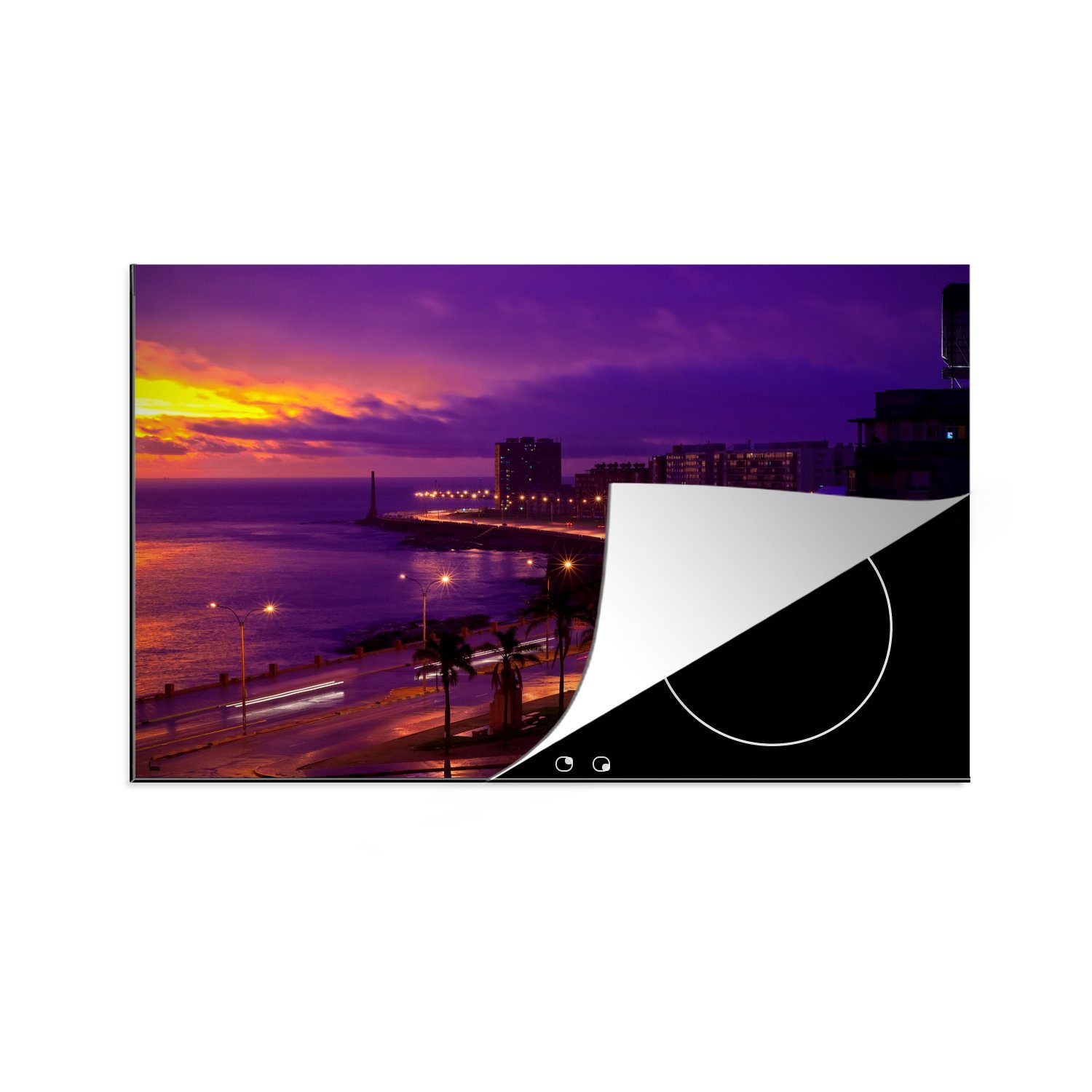 MuchoWow Herdblende-/Abdeckplatte Farbenfroher Sonnenuntergang in der Bucht von Montevideo in Uruguay, Vinyl, (1 tlg), 81x52 cm, Induktionskochfeld Schutz für die küche, Ceranfeldabdeckung
