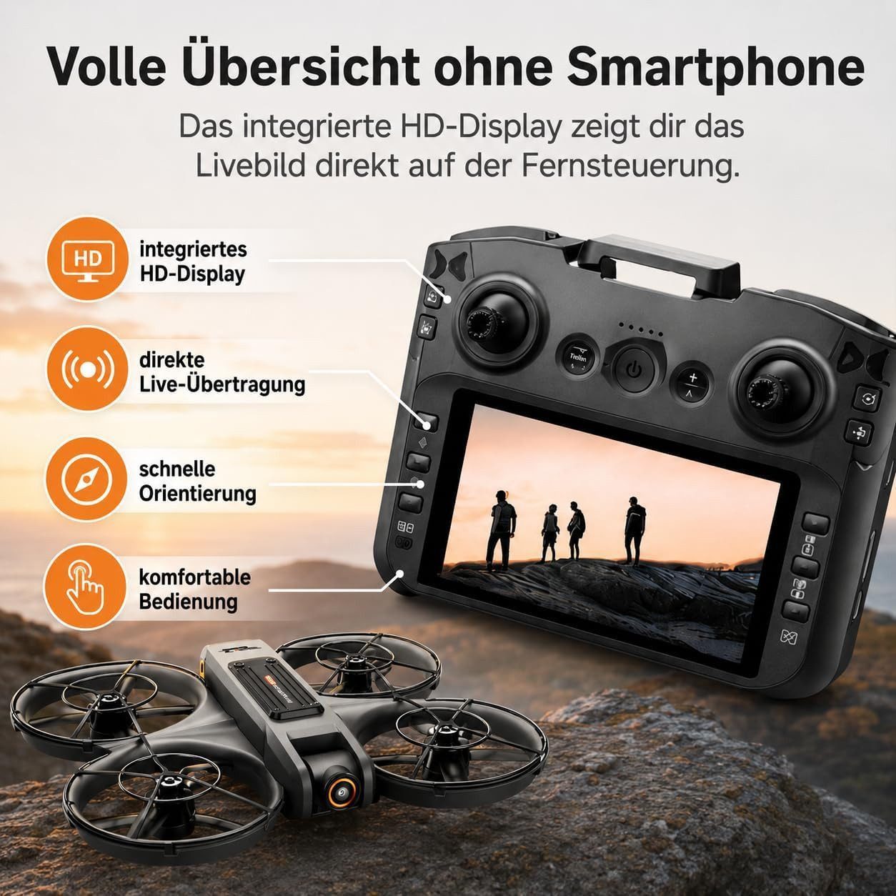 Goldstern-Tech RC-Quadrocopter Drohne (mit 12,5-cm Full-HD Display-Fernsteuerung bis 60min Flugzeit, komplett geschütztem Propellerdesign inkl. 8GB SD-Karte), Dualkamera mit 90° Winkel & 50x Zoom, Optical-Flow, Brushless-Motoren