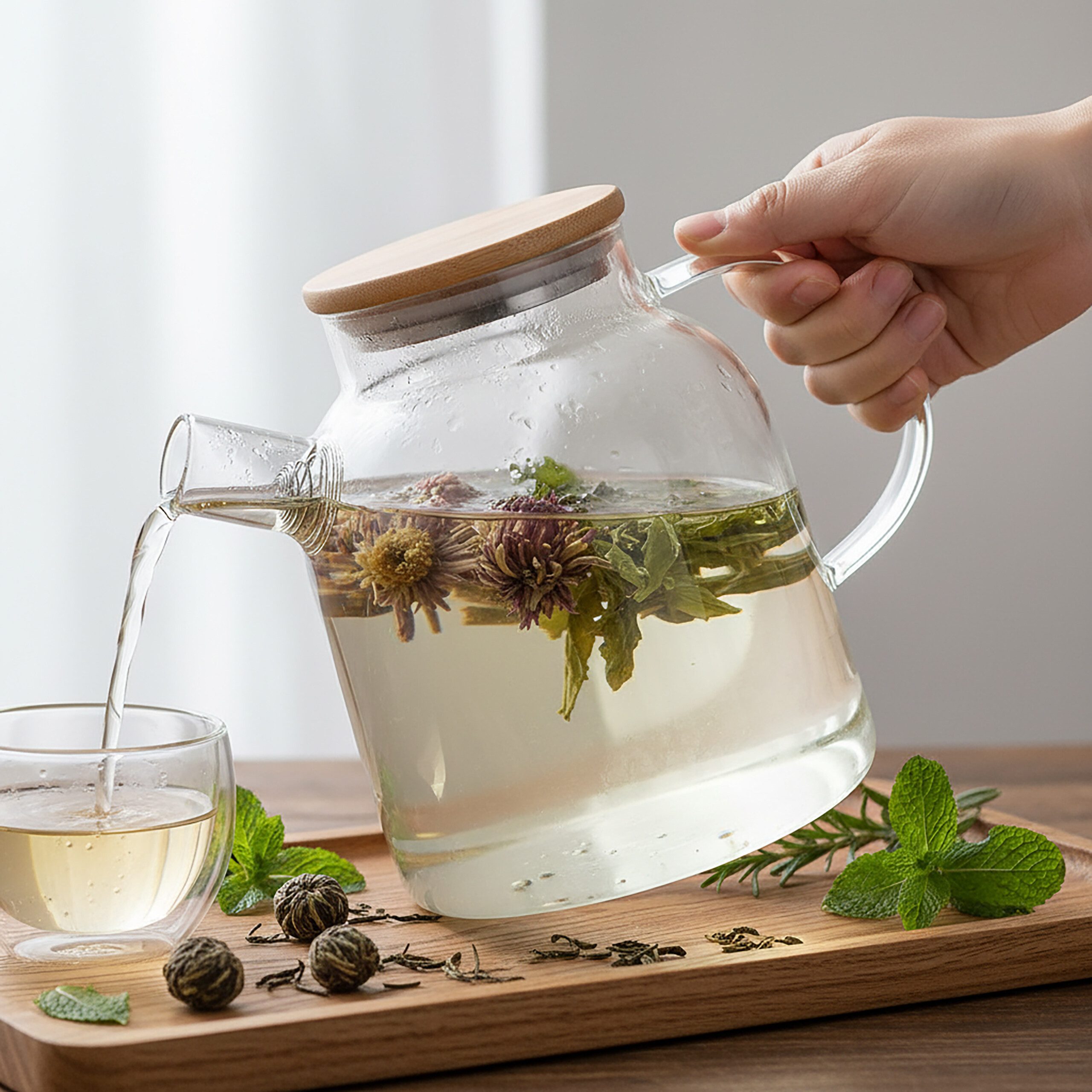 relaxdays Teekanne Glas mit Bambusdeckel, 1,8 Liter
