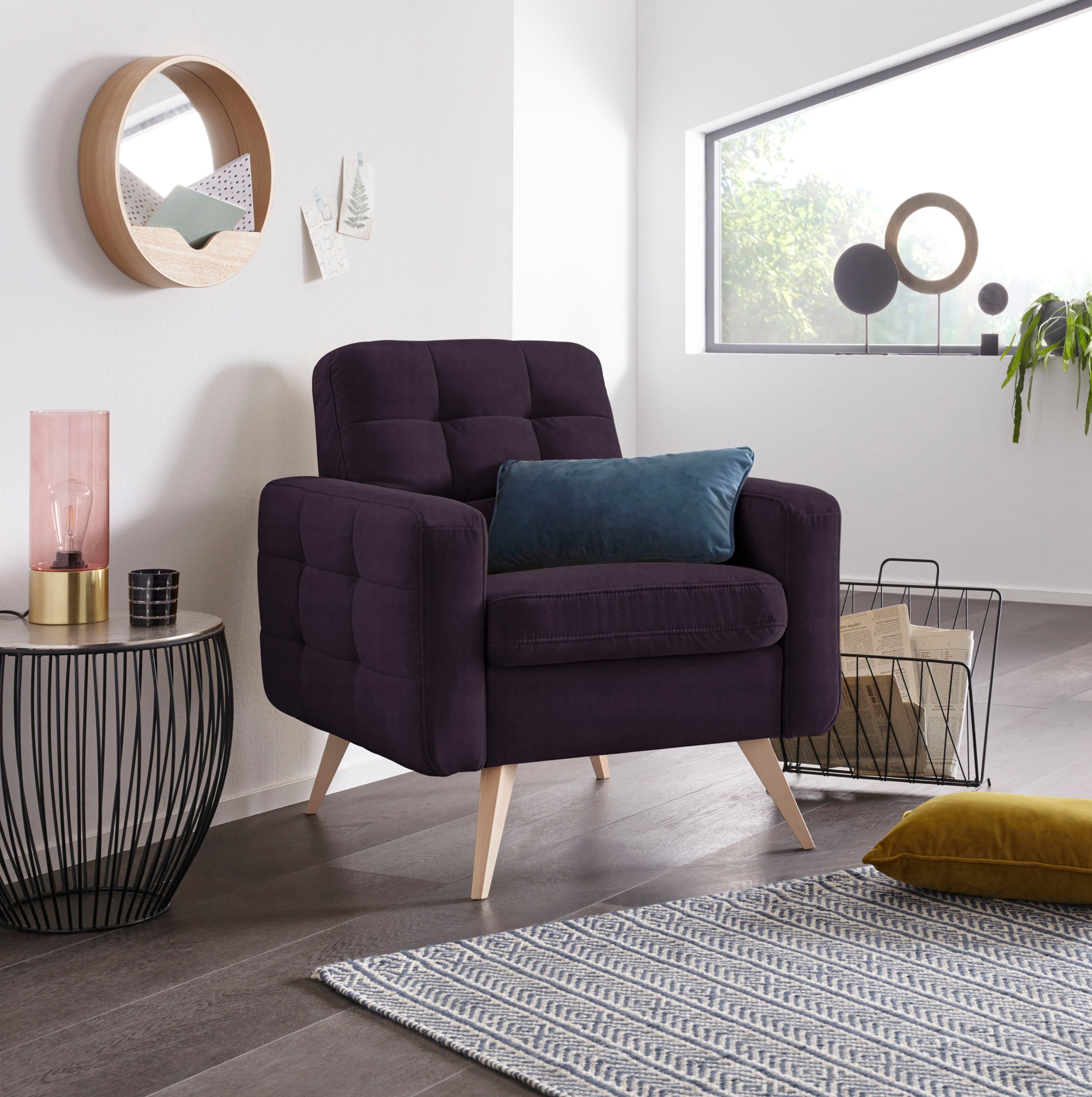 exxpo - sofa fashion Sessel Nappa, Loungesessel, aktuelle Rückensteppung, bequem und modern, hoher Holzfuß