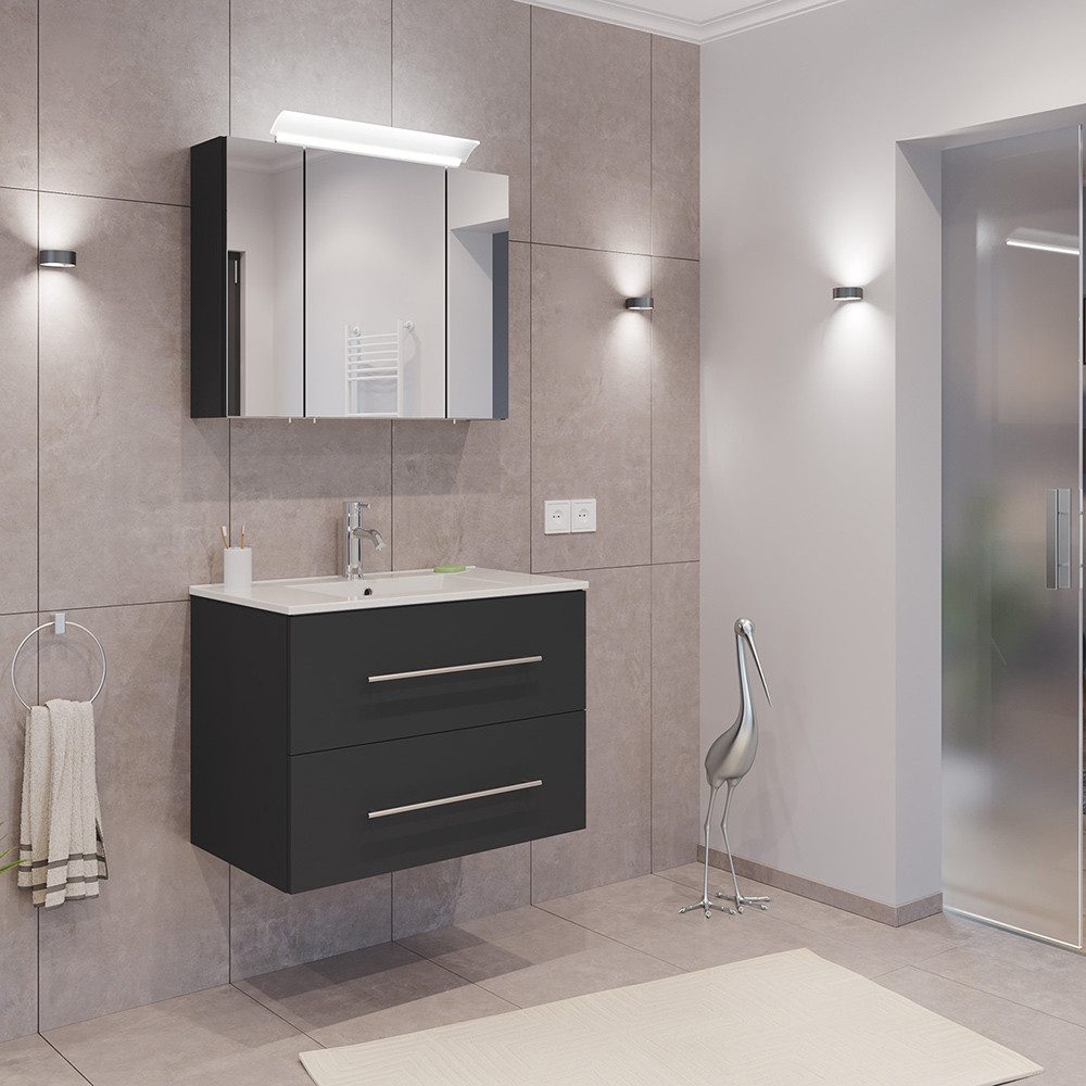 Lomadox Badmöbel-Set HARLINGEN-02, (Spar-Set, 2-St., Waschtisch Spiegelschrank), grau, 2 Schubladen, LED Aufsatzleuchte, 70 cm breit