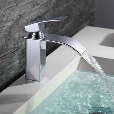 HOMELODY Badarmatur Wasserhahn Bad wasserfall Waschtischarmatur ausMessing für Badezimmer Einhandmischer Waschbecken Armatur Verchromt, Messing