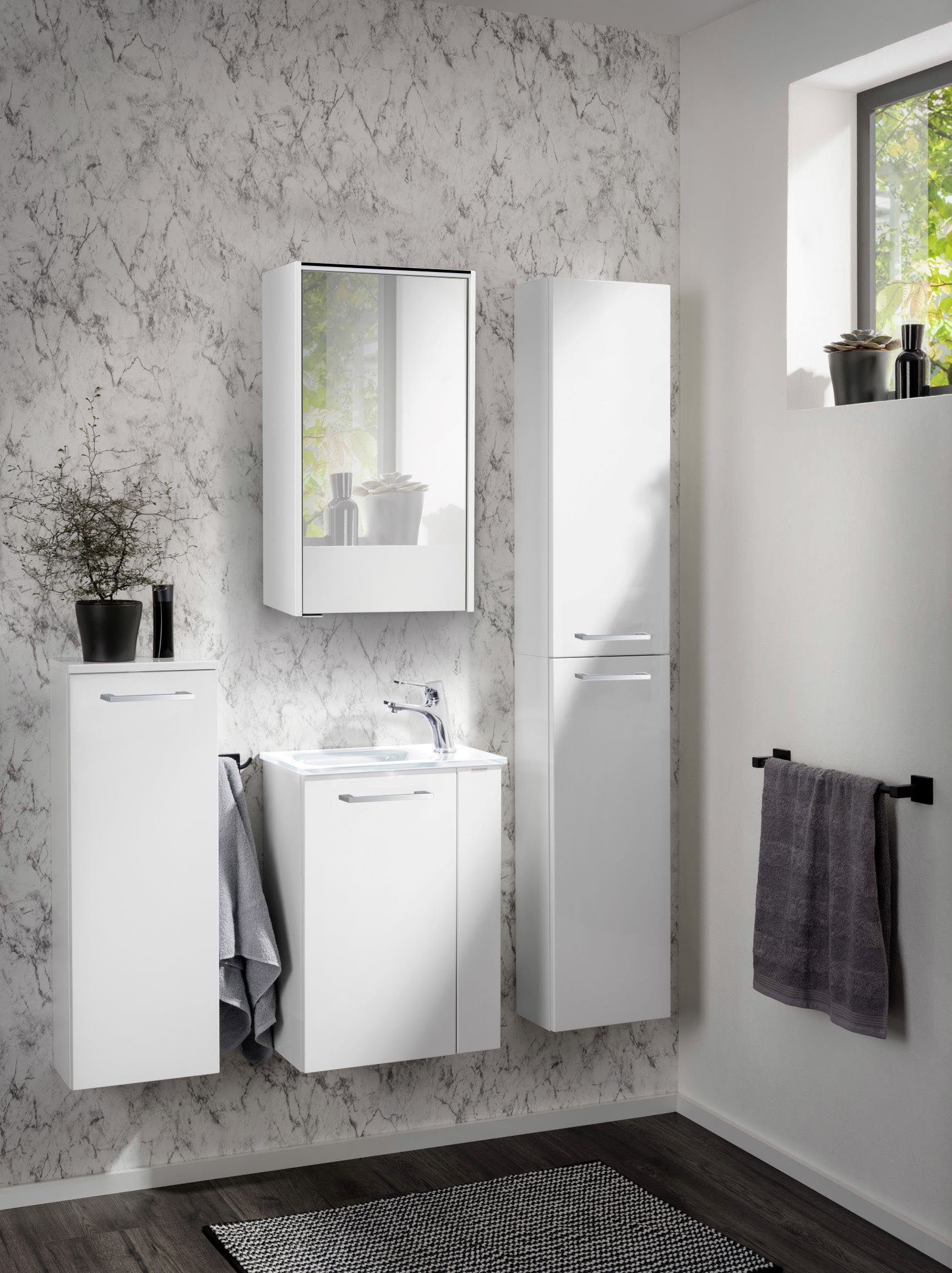 FACKELMANN Waschbeckenunterschrank SBC Badmöbel für Gäste-WC, Breite ca. 45 cm Weiß/ Türen Hochglanz | Weiß matt