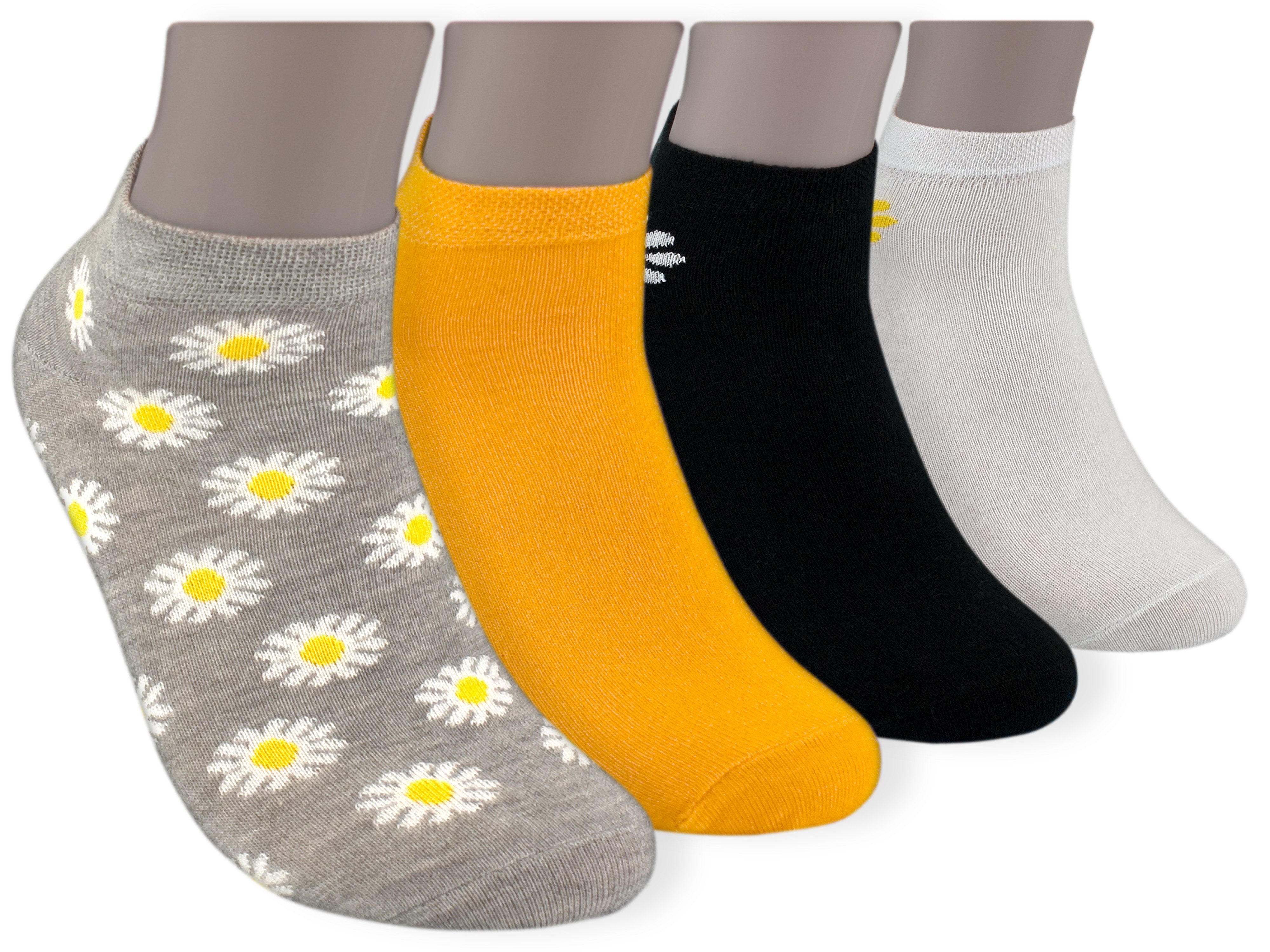 Die Sockenbude Sneakersocken FLOWER (Bund, 4-Paar, grau schwarz weiß gelb) gekämmte Baumwolle