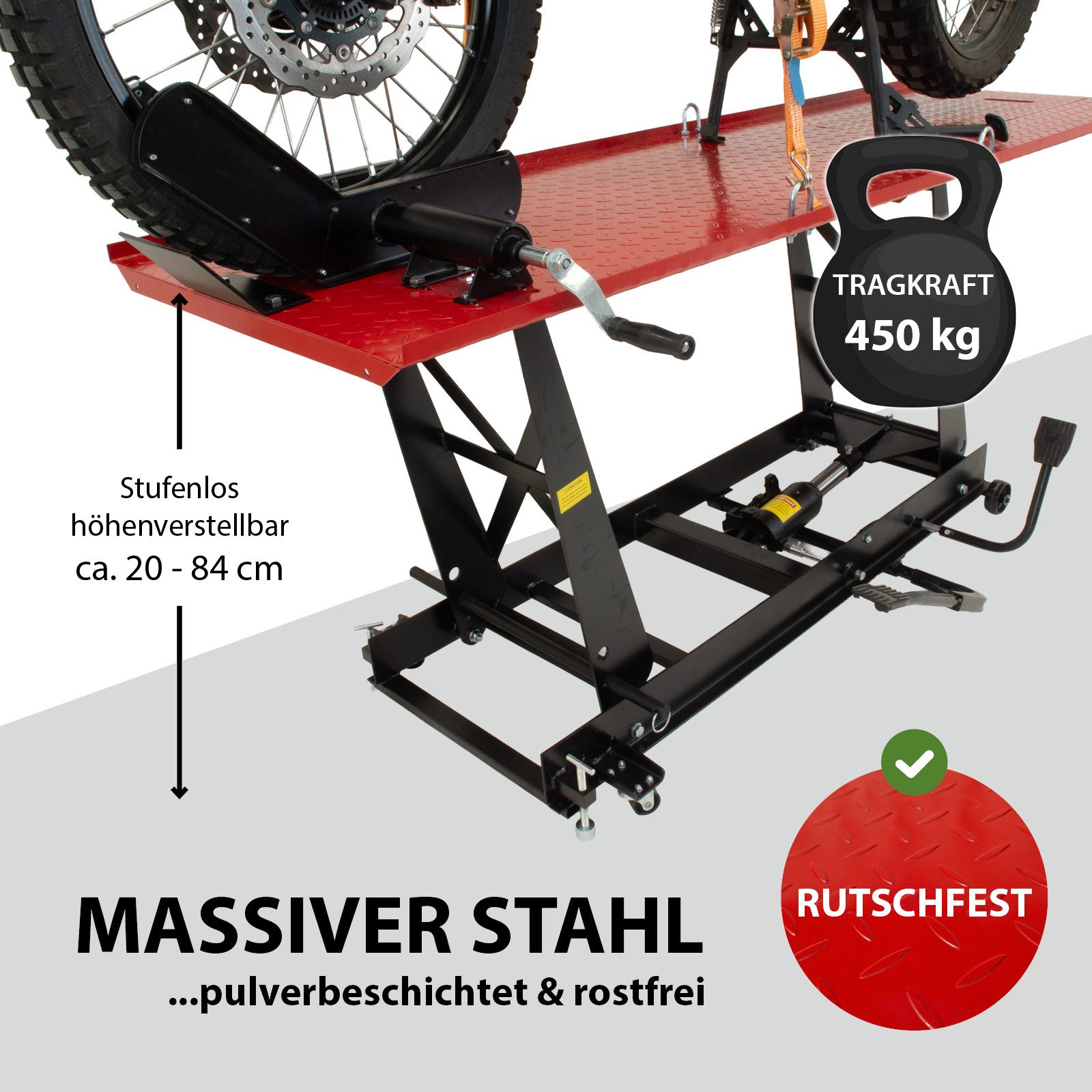 TRUTZHOLM Hydraulikheber Motorradhebebühne hydraulisch 450 kg Extra-Breit 68 cm Parallelhub, Extra-Breit, stufenloses Heben und Senken, abnehmbare Rampe