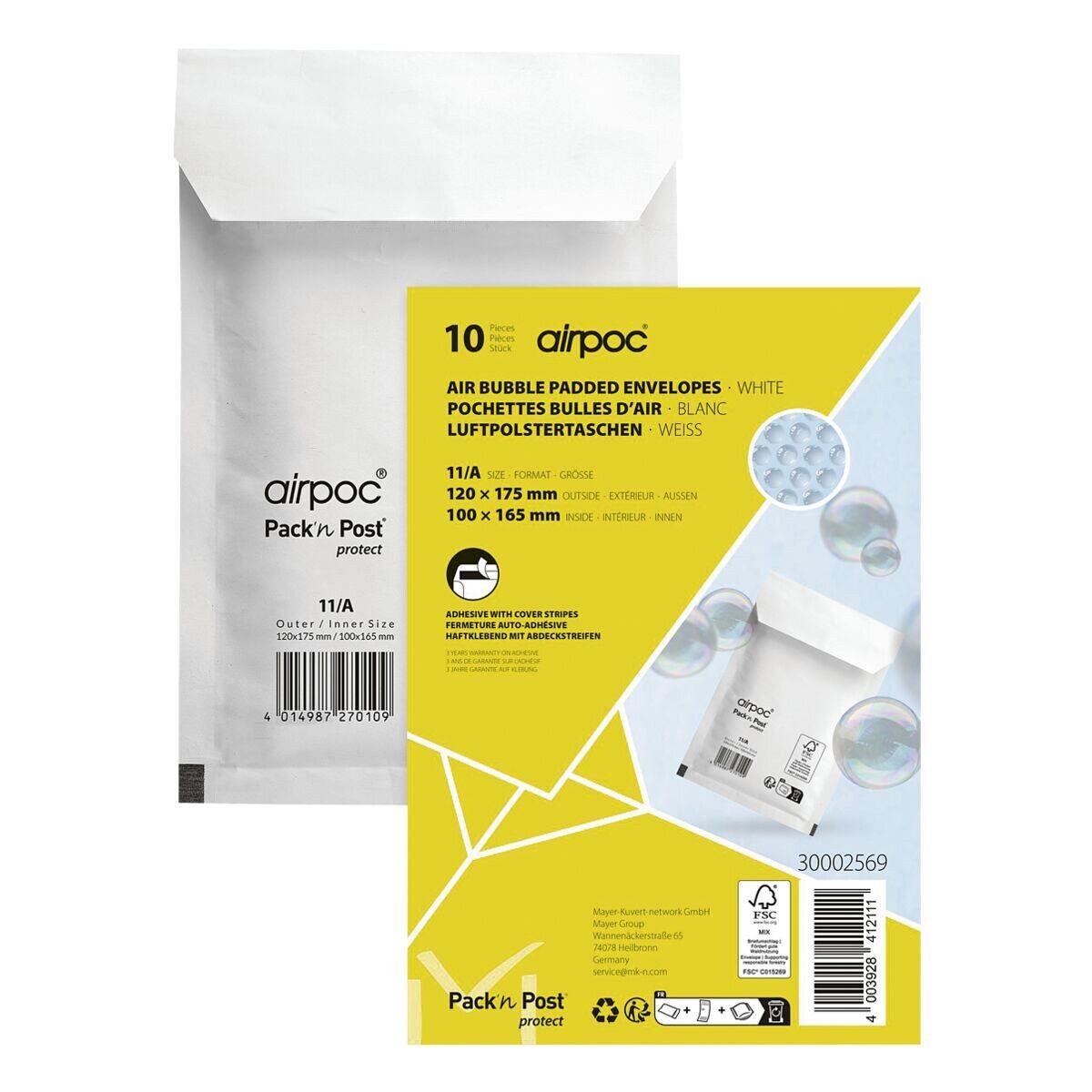 MAILMEDIA Versandtasche airpoc®, mit PE-Luftpolsterung, 12,2x17,5 cm, ohne Fenster, Haftklebung