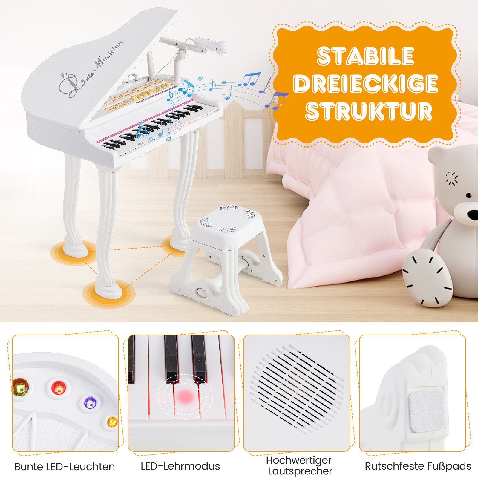 COSTWAY Spielzeug-Musikinstrument 37 Tasten Keyboard, mit Hocker & Mikrofon – Bild 3 von 5
