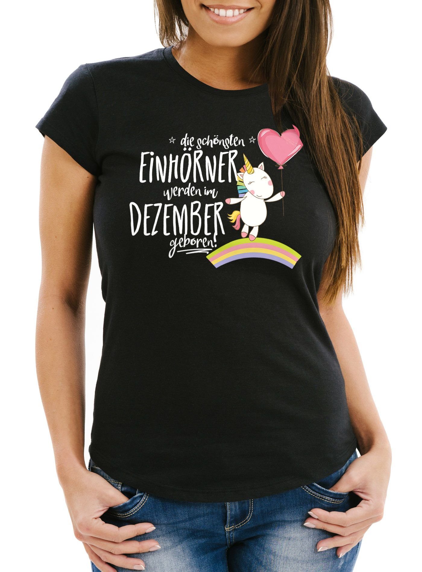 MoonWorks Print-Shirt Damen T-Shirt die schönsten Einhörner werden im Dezember geboren Slim Fit Geschenk Geburtstag Moonworks® mit Print schwarz