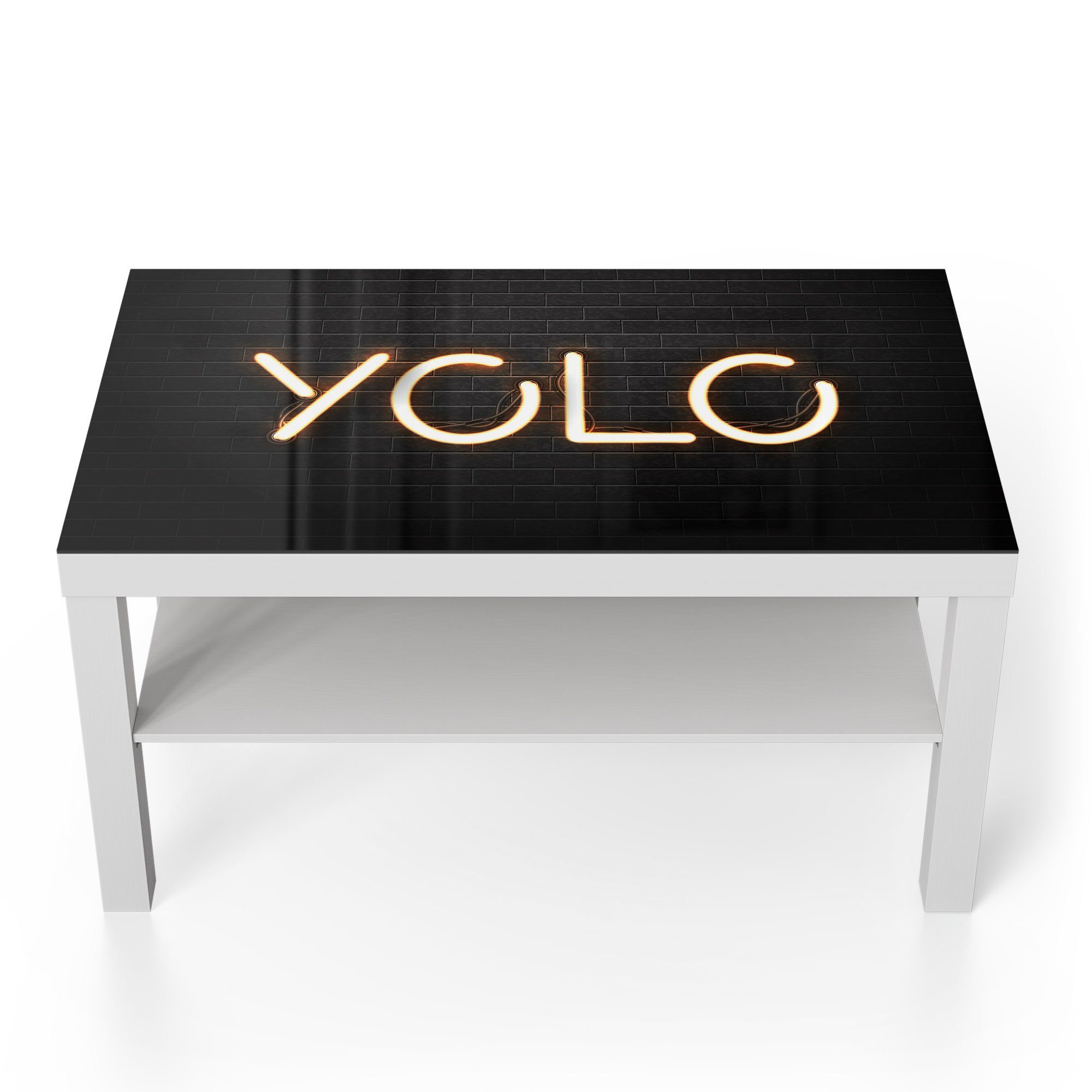 DEQORI Couchtisch 'Leuchtbuchstaben YOLO', Glas Beistelltisch Glastisch modern Weiß