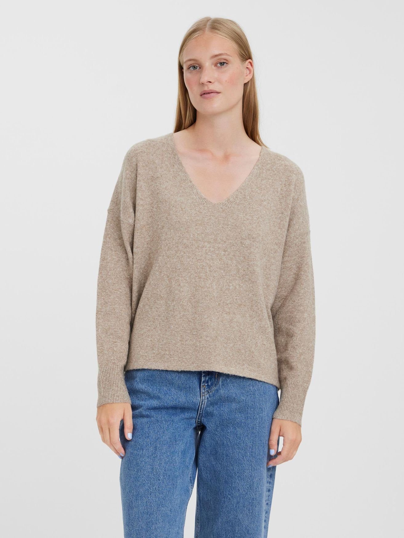 Vero Moda Strickpullover V-Ausschnitt Feinstrick Pullover Langarm Sweater VMDOFFY 4852 in Braun
