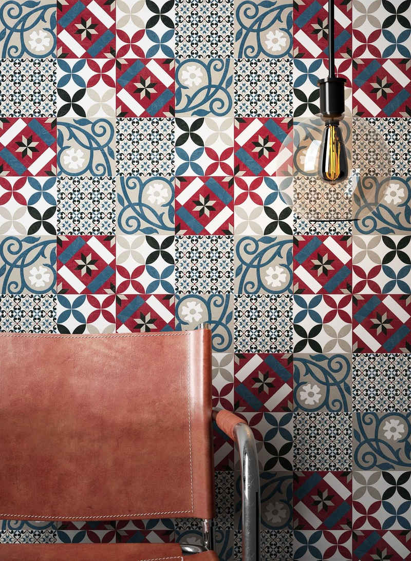 Newroom Vliestapete, Rot Tapete Orientalisch Fliesen - Fliesentapete Fliesenoptik Blau Grau Grafisch Modern Mosaik Kacheln für Wohnzimmer Schlafzimmer Küche