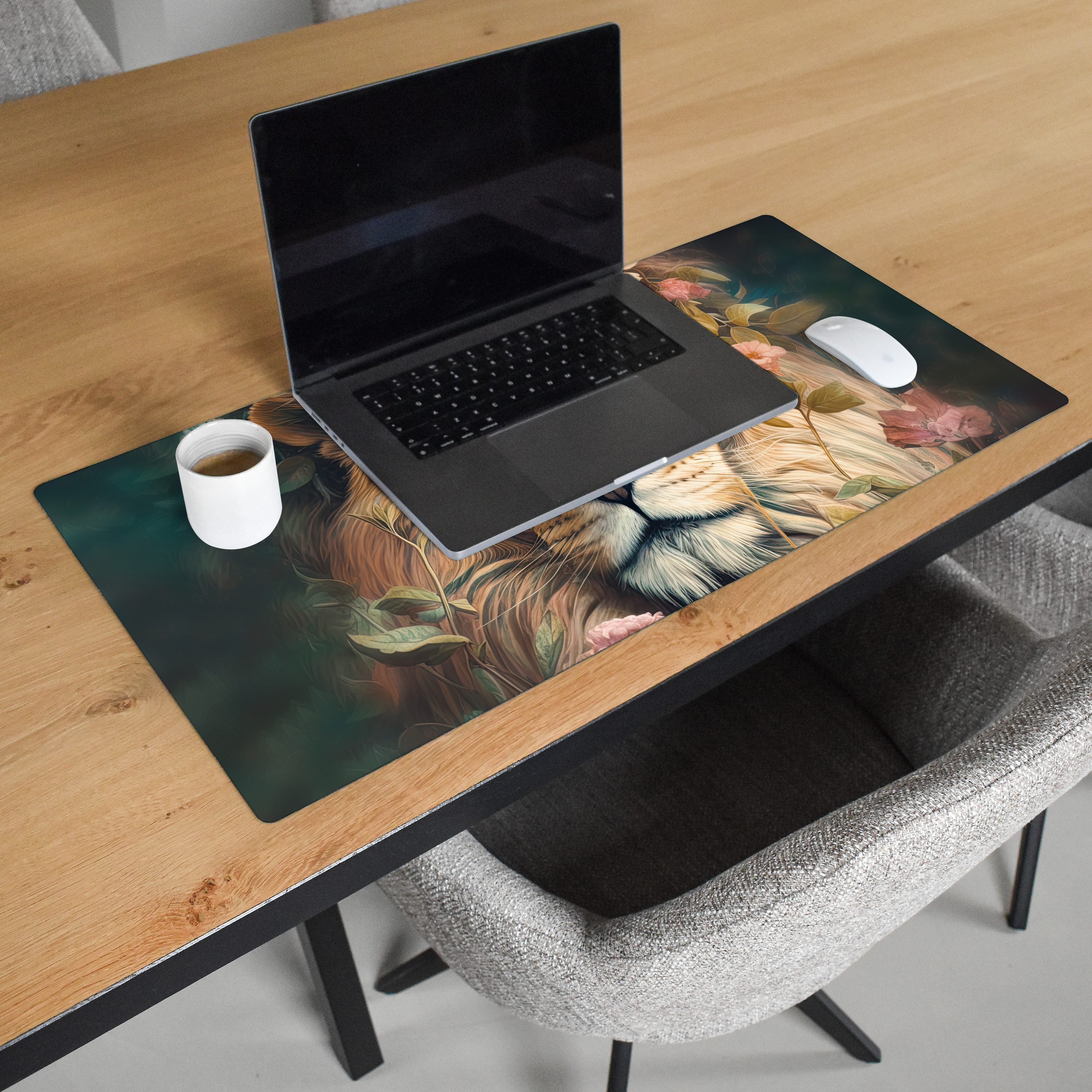 MuchoWow Gaming Mauspad Löwe - Löwenkopf - Wilde Tiere - Blumen (1-St), Gaming Mauspad XXL, Schreibtischunterlage, Desk Mat Groß, 80x40 cm