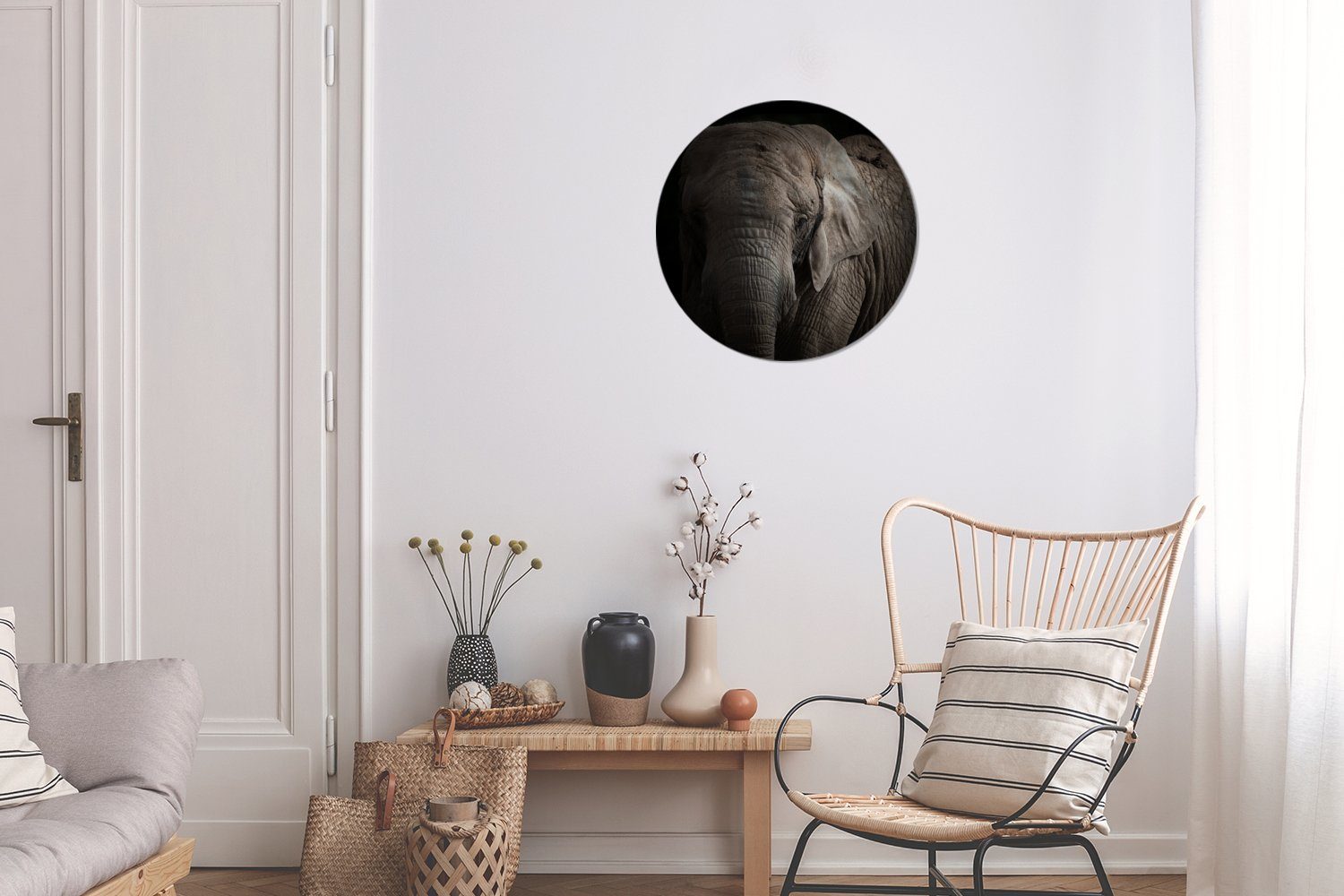 MuchoWow Gemälde Elefant - Tiere - Wandbild, - Forex, Porträt Kreis Wohnzimmer, (1 Wanddekoration St), 30x30 Schwarz, Rundes cm