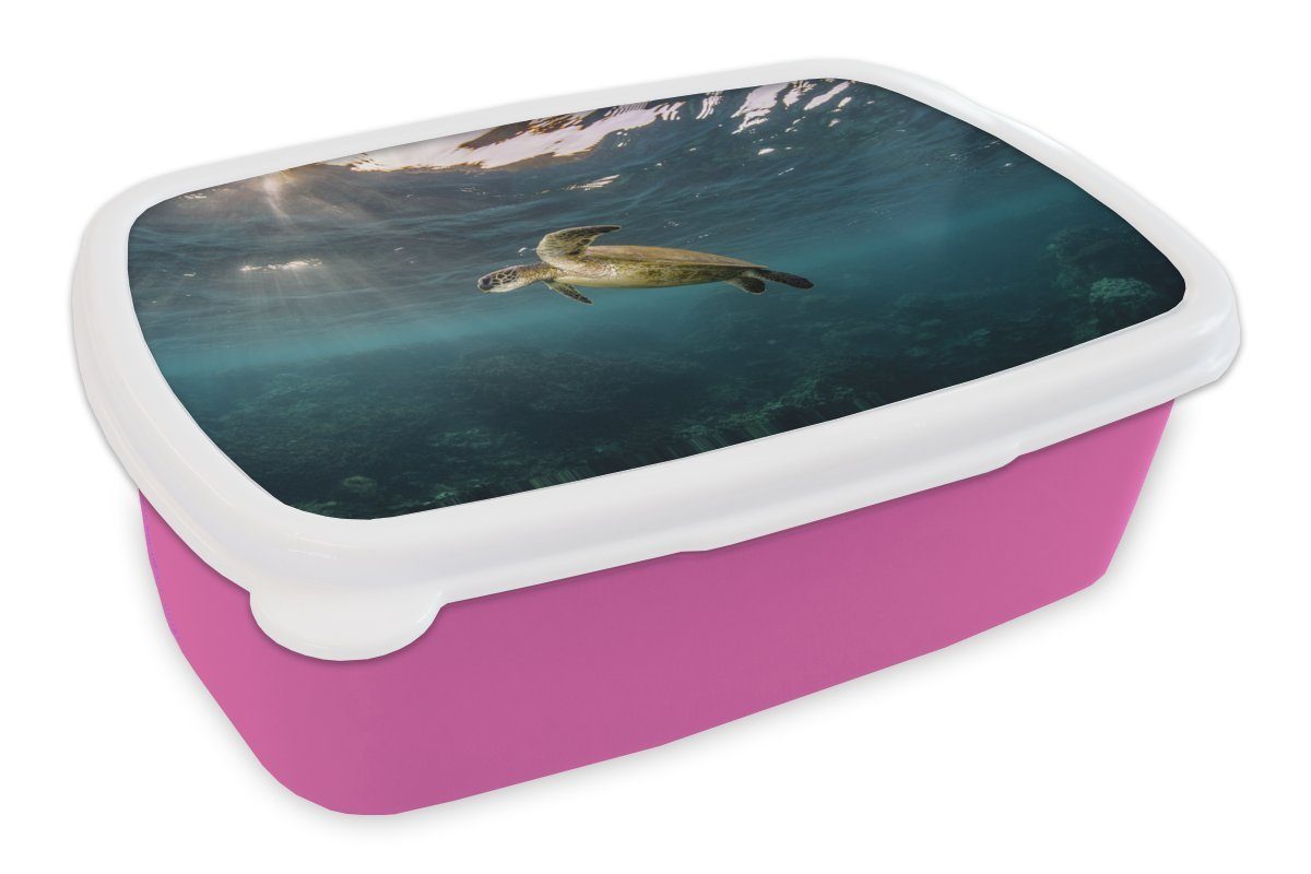 MuchoWow Lunchbox Schildkröte im klaren Wasser, Kunststoff, (2-tlg), Brotbox für Erwachsene, Brotdose Kinder, Snackbox, Mädchen, Kunststoff rosa