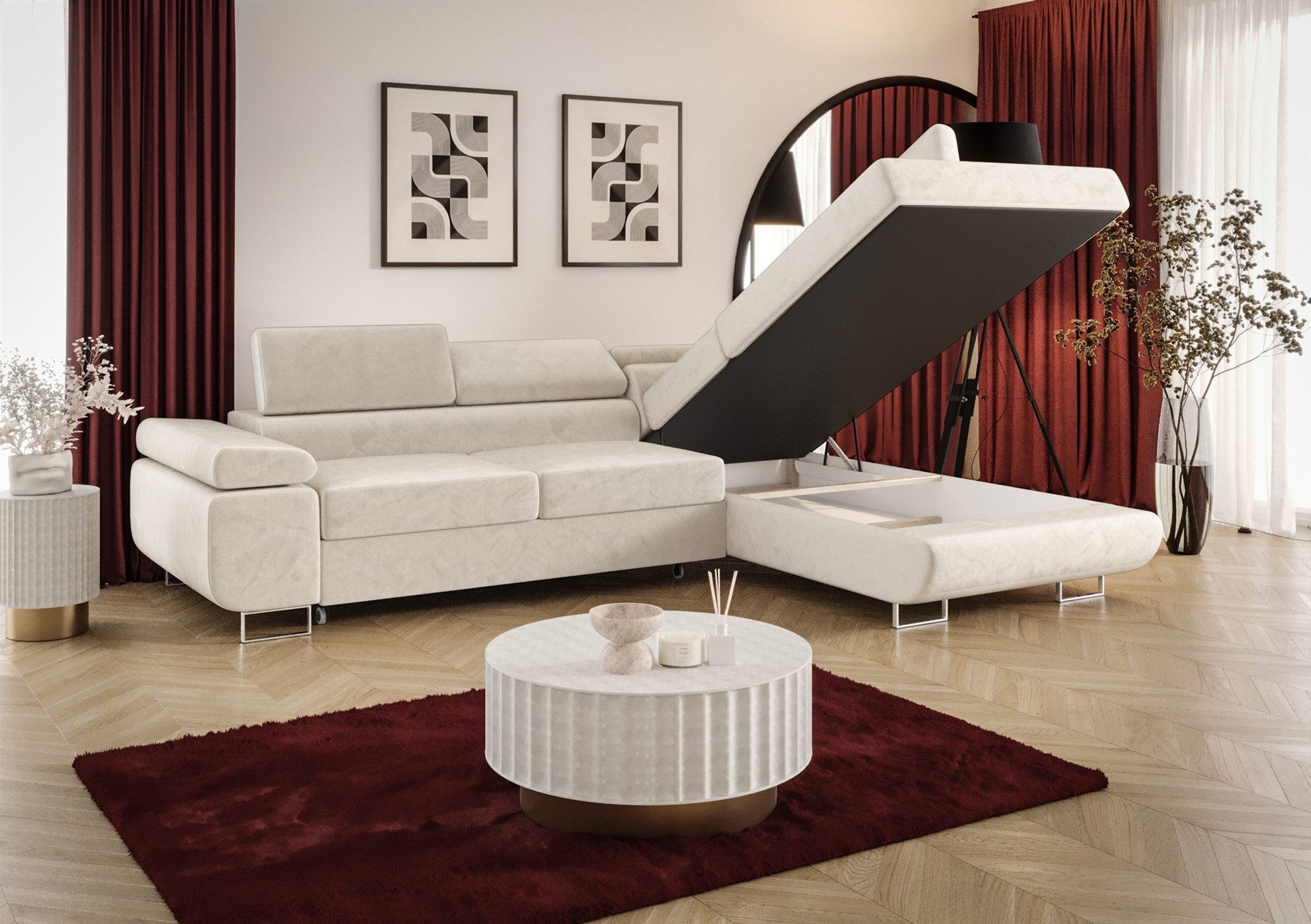 Fun Möbel Ecksofa Schlafsofa FUN MARIKO mit Ottomane in Stoff, Kopfstützen verstellbar