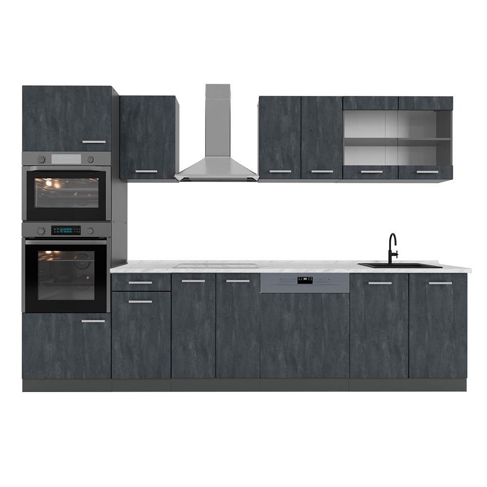 Vicco Küchenzeile R-Line, Schwarz Beton/Anthrazit, 300 cm AP Marmor