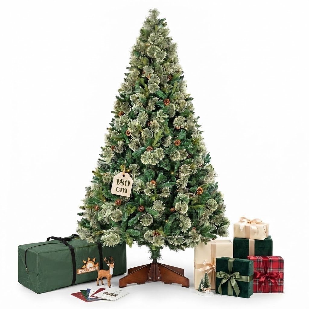 PHILODECO Künstlicher Weihnachtsbaum 180/210/235cm, 300–500 LEDs,Tannenbaum mit Tannenzapfen 8 Lichtmodi