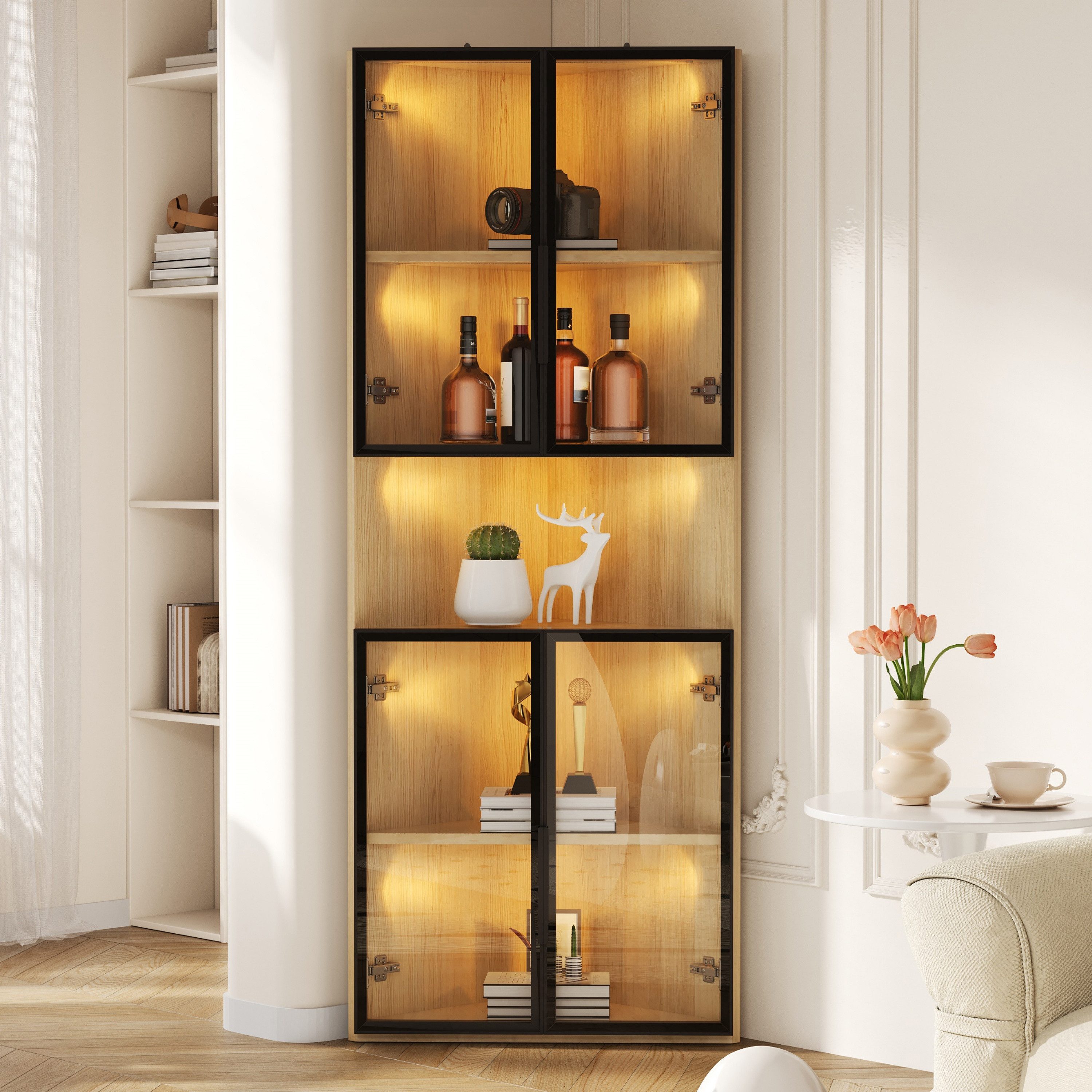 Celya Vitrine LED-Glasvitrine 62x32x160cm, Außenseite aus Eiche (Eckvitrine mit Tür, Sammlungsvitrine, Bücherregal, Weinschrank,Badezimmerschrank) integrierte Lichtleiste, staubdichter Schrank aus gehärtetem Glas