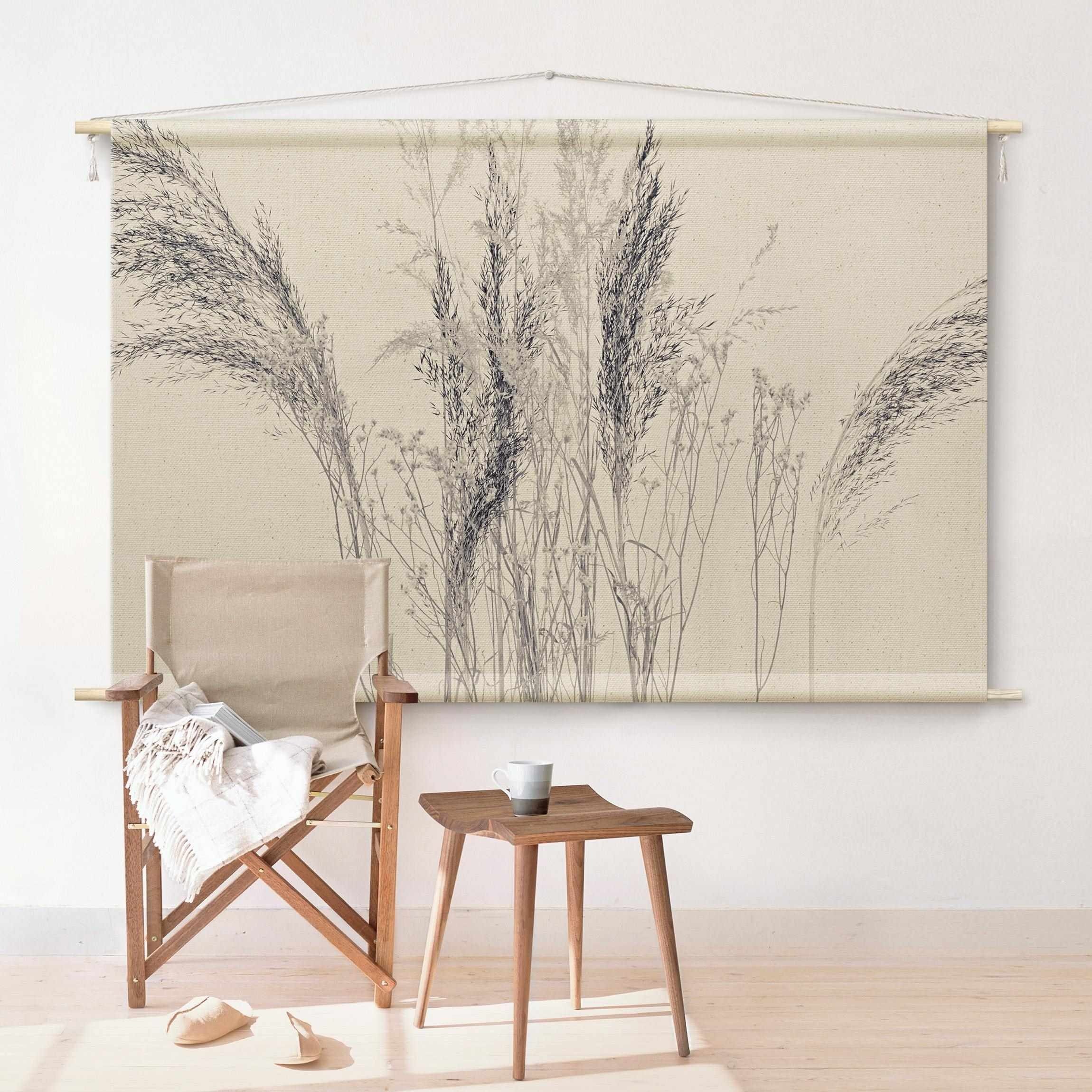 Bilderdepot24 Wandteppich modern Landhaus Gräser grau, rechteckig, Höhe: 2.6 mm, großes Wandbild aus Natur-Baumwolle Wandbehang Stoffbild Tuch Wollseil