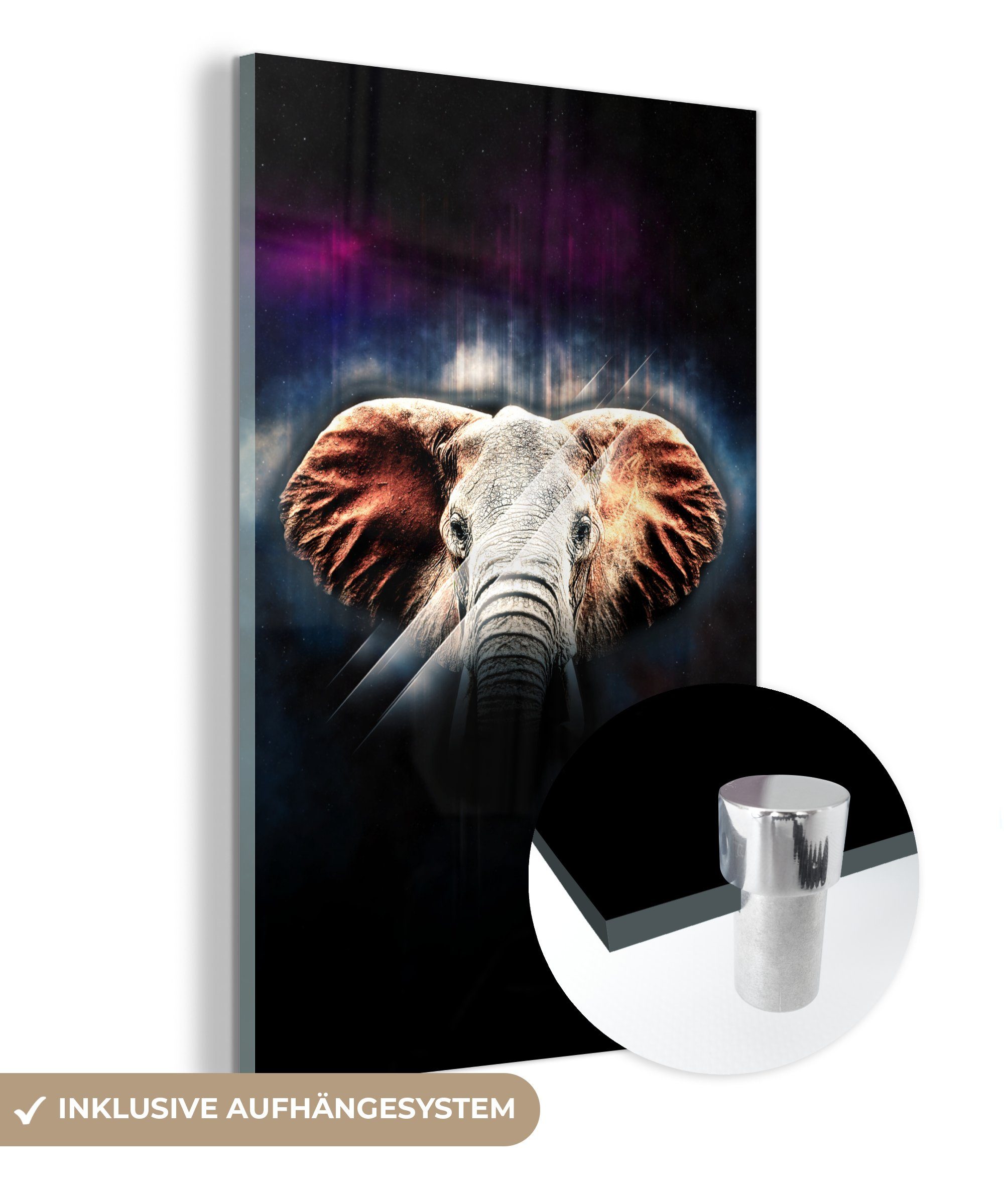 MuchoWow Acrylglasbild Elefant - Schwarz - Farben, (1 St), Glasbilder - Bilder auf Glas Wandbild - Foto auf Glas - Wanddekoration bunt