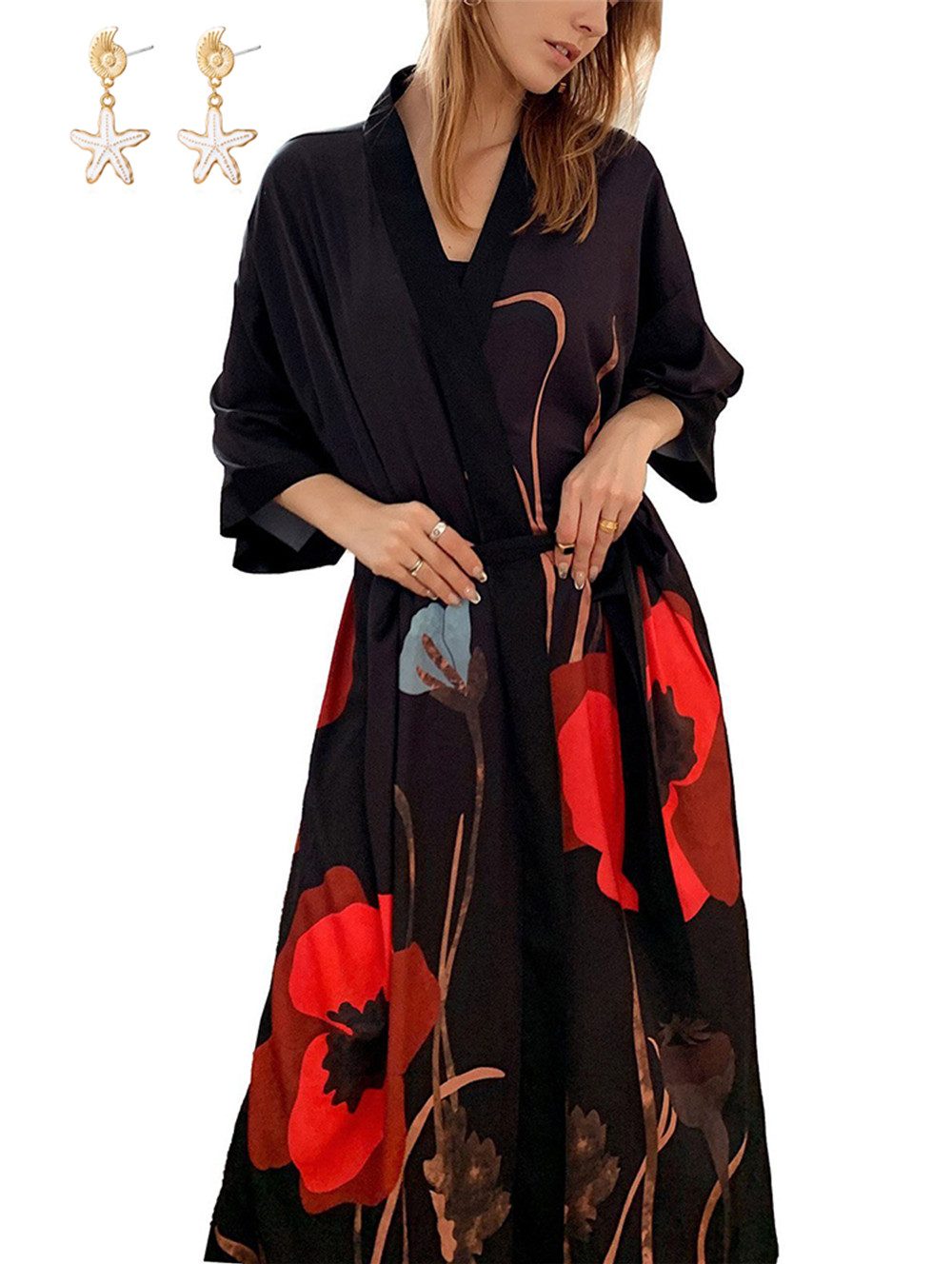 RWEUOQ Morgenmantel Langer Damen-Kimono Cardigan Bademantel günstig online kaufen