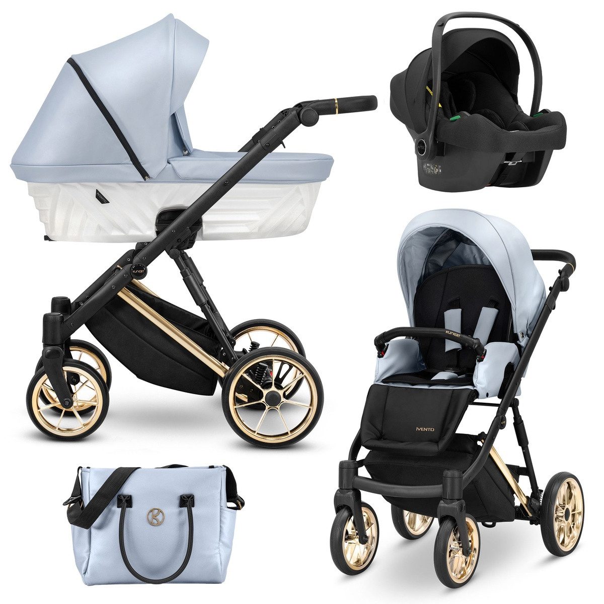 KUNERT Kombi-Kinderwagen IVENTO PREMIUM 3in1 Öko-Leder Kinderwagen mit Goldrahmen und Zubehör, 2in1-Set mit Tragetasche und Sportsitz, leichtes Aluminiumgestell
