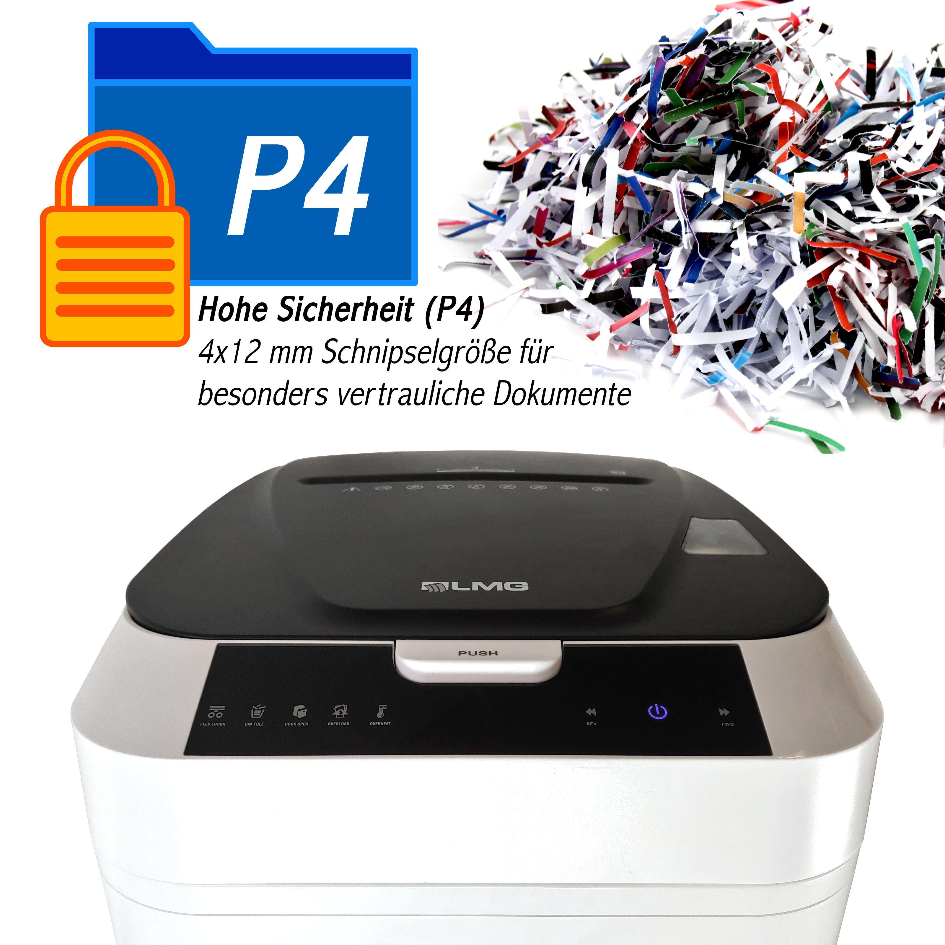 LMG Germany Aktenvernichter Autofeed Profi Shredder, 180 Blatt gleichzeitig, als P4 oder P5, Partikelschnitt Cross Cut, 32L Partikelschnitt weiß, sehr leise