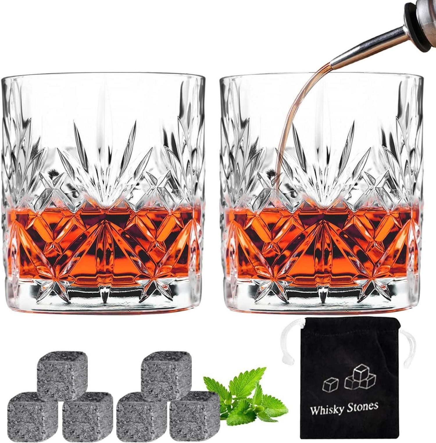 LuxusKollektion Whiskyglas Kristall Whisky Gläser Set 2 Stück + Granitsteine und Ausgießer