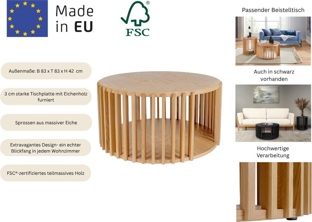 Woodman Couchtisch Drum, Breite/Tiefe/Höhe: 83/83/42 cm, Holzfurnier aus Eiche, Sproßen aus massiver Eiche, FSC®