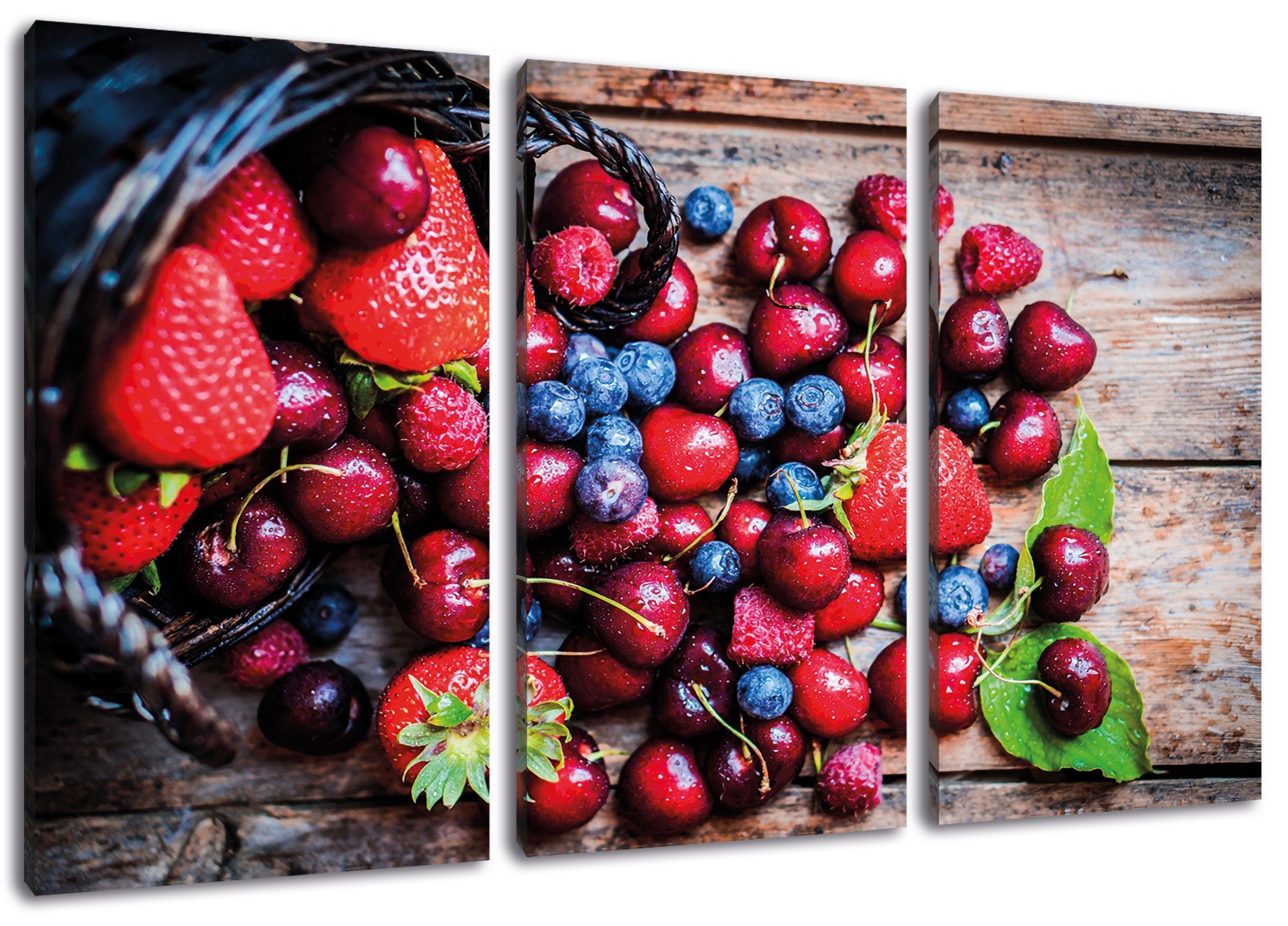 Pixxprint Leinwandbild Leinwandbild fertig Beerenfrüchte auf Holzdielen, Holzdielen inkl. (120x80cm) 3Teiler St), Zackenaufhänger bespannt, auf Beerenfrüchte (1