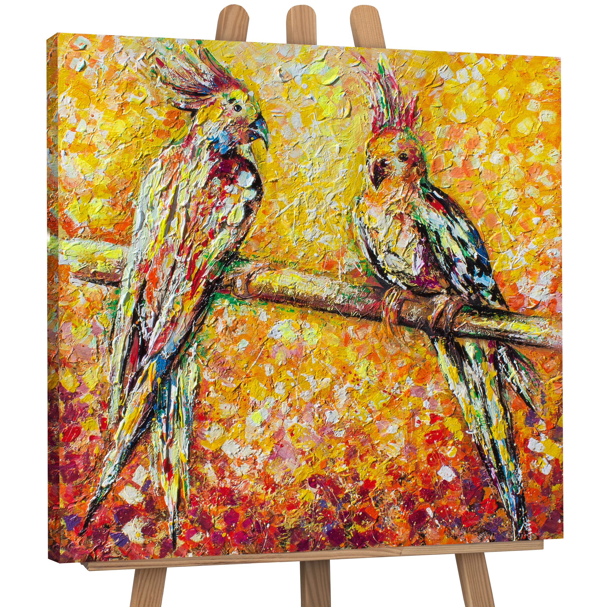 YS-Art Gemälde Papagei in der Sonne, Tierbilder, Papagei Bunt Leinwand Bild Handgemalt Rot Orange