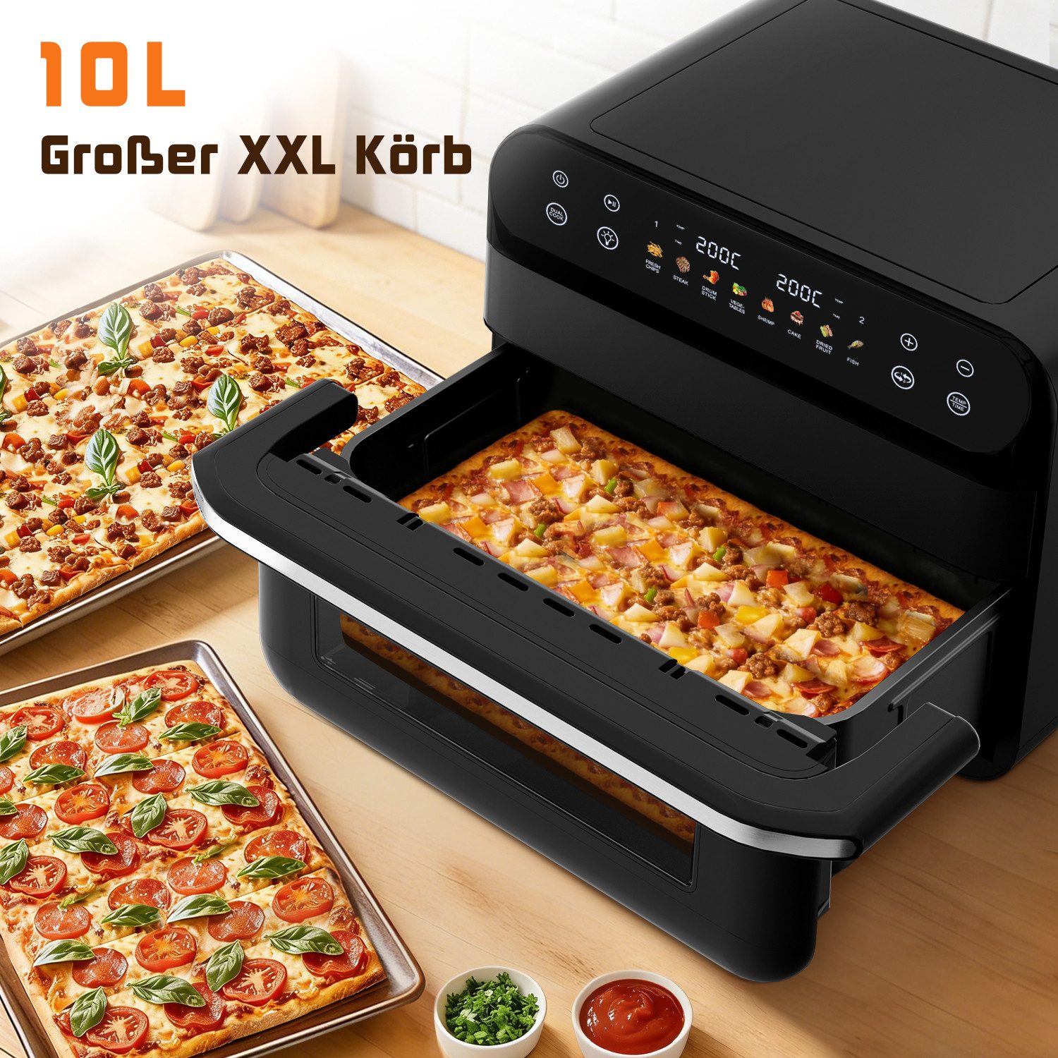 Fukstern Heißluftfritteuse XXL Familien-Airfryer 10L – Ein Topf oder 2-Zonen Airfryer mit Metall-Innenraum, Touchscreen & Sichtfenster, 2400 W, Herausnehmbare Trennwand, 8-in-1, separate Temperatur – Pizza