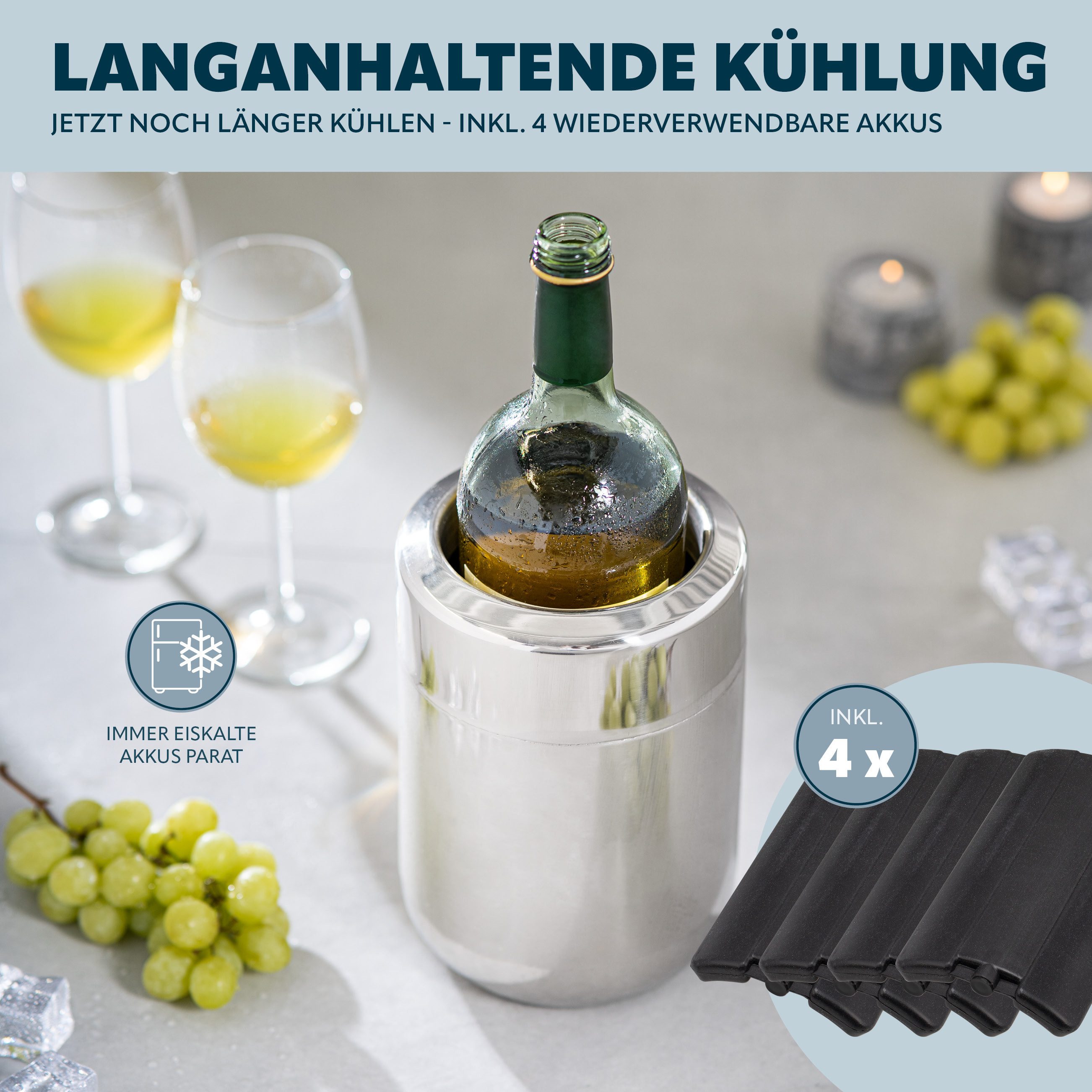 bremermann Wein- und Sektkühler Edelstahl-Flaschenkühler mit Akkus, Kühler für 750 ml-Flaschen, rund